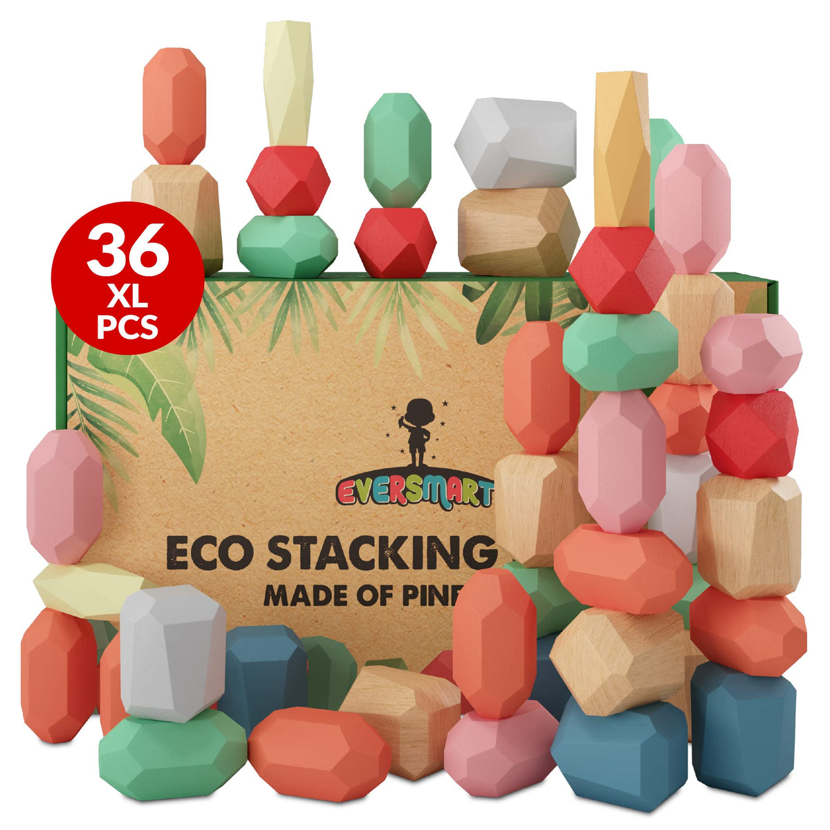 36 Pcs Wooden Stacking Blocks – Montessori Toys for 1 2 3 4 5 6 Year Old Toddlers and Kids, XL Rocks, No Choking Hazard – Sensory STEM Building Stones, for Girls and Boys