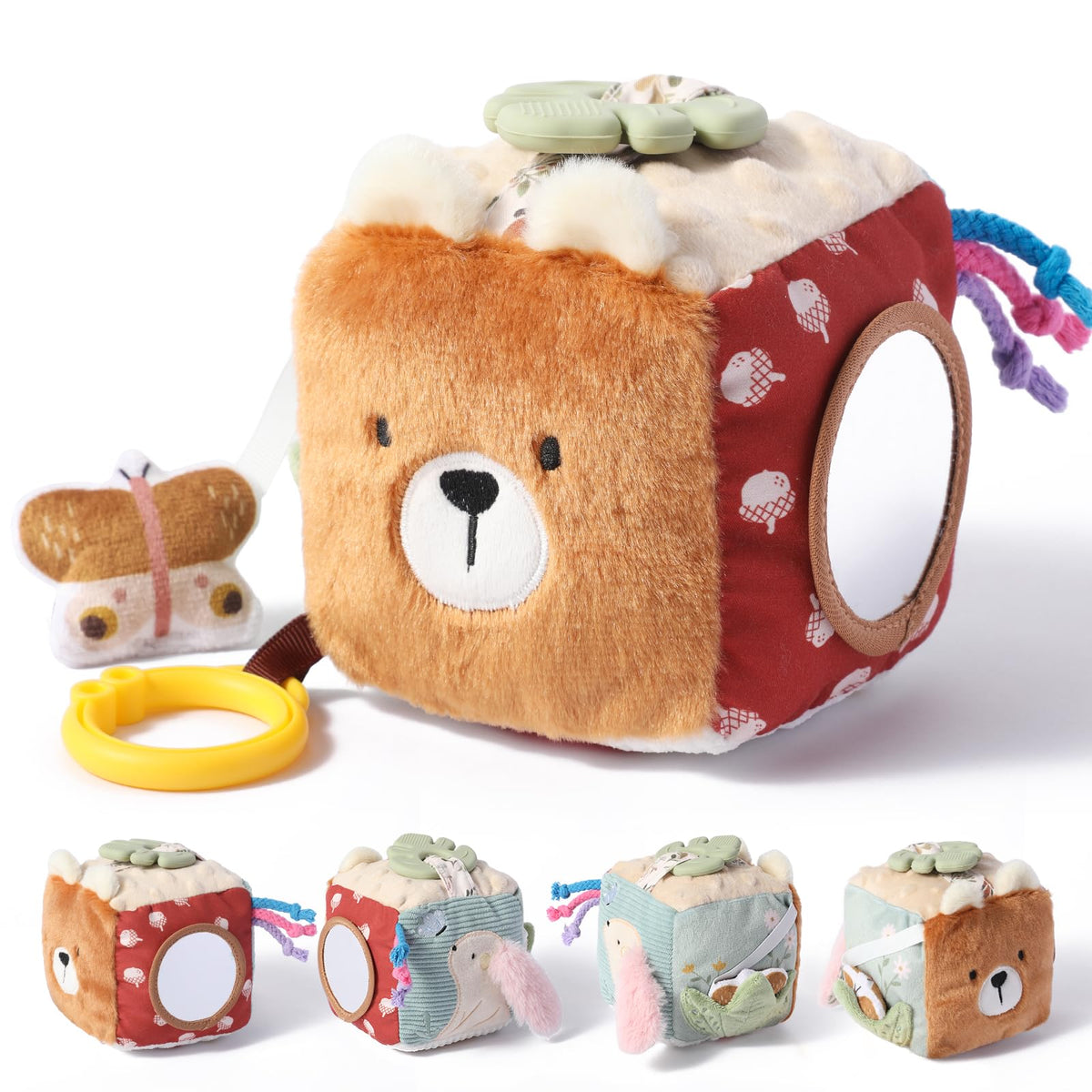 let's make Baby Tissue Box Toy, Farm Montessori Sensory Toys 6-12 Months, Play Silks & Crinkle Tissues with 3D Corduroy, Mirror, Squeaky Cow & Travel Clip - Fine Motor Skills Baby Girl Boy Gifts