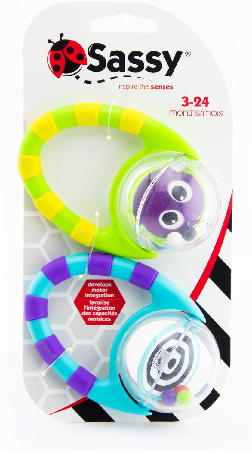 Sassy Flip & Grip Rattle | Value 2 Pack | Developmental Toy with Rattle Beads | Spinning Discs with Mirror | For Ages 3 Months and Up