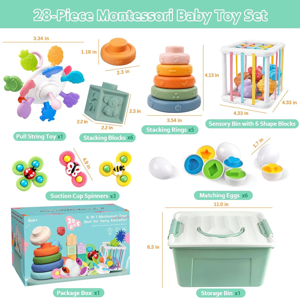 Plunack Montessori Baby Toys 6 in 1 Sensory Developmental Learning Set