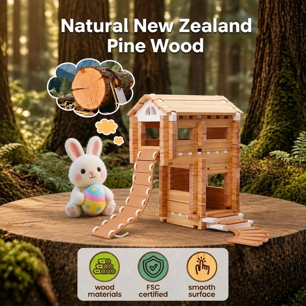 Jovi-Mindly & Notchies 96 PCS Wooden Building Blocks Toy Set for Kids Ages 4+ Boys Girls, Creative Construction Imaginative Cabin House with Storage Bag STEM Educational Learning Toy for Birthday Gift