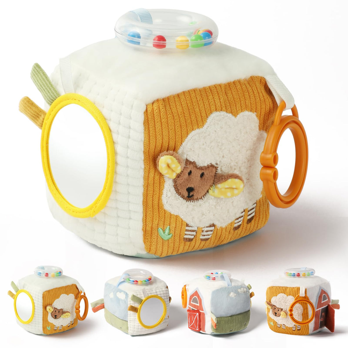 let's make Baby Tissue Box Toy, Farm Montessori Sensory Toys 6-12 Months, Play Silks & Crinkle Tissues with 3D Corduroy, Mirror, Squeaky Cow & Travel Clip - Fine Motor Skills Baby Girl Boy Gifts