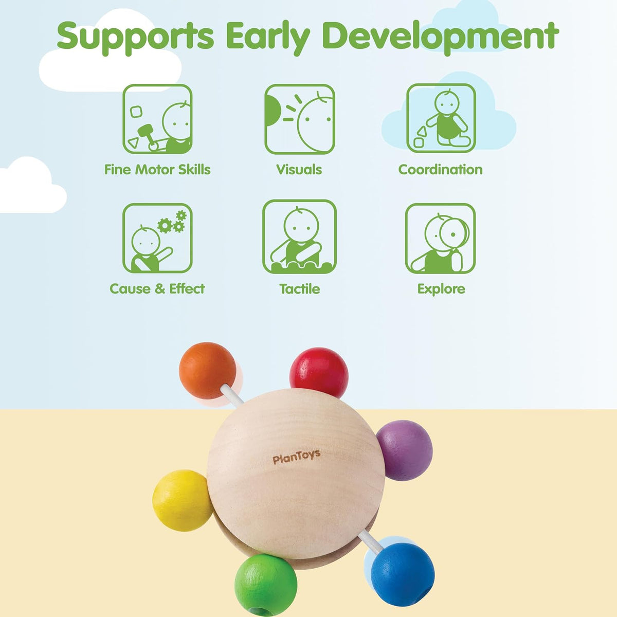 PlanToys® Wooden Pull & Grasp Baby Toy Montessori Sensory Kids Activity Set
