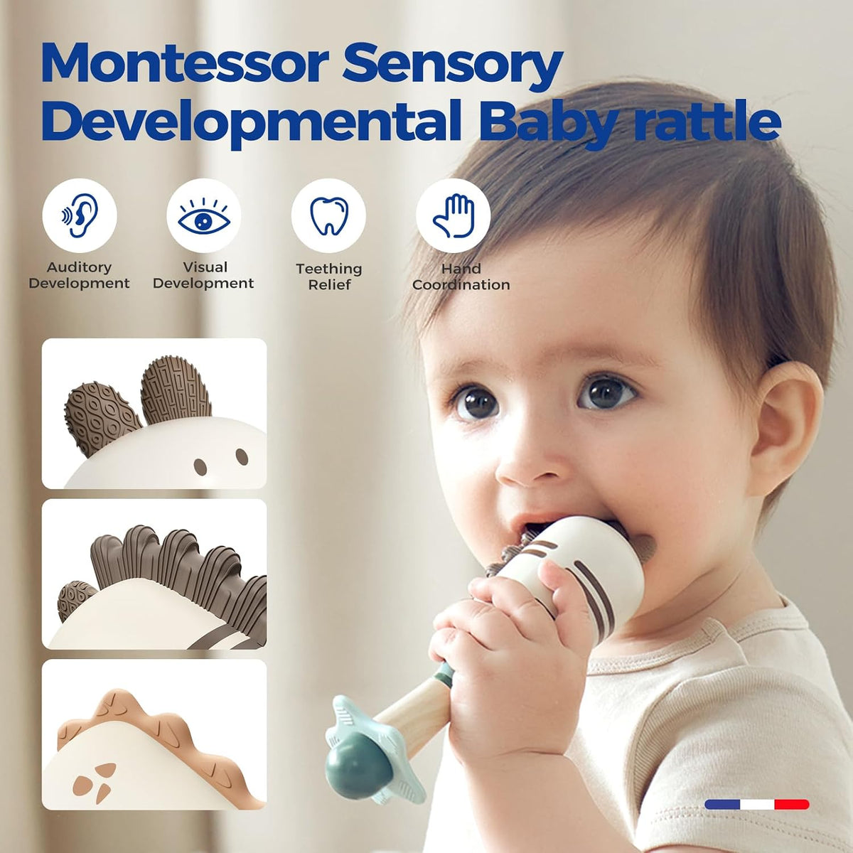 Baby Rattles 2PCS, Teething Toys, Dinosaur Maracas, Newborn Sensory Gift