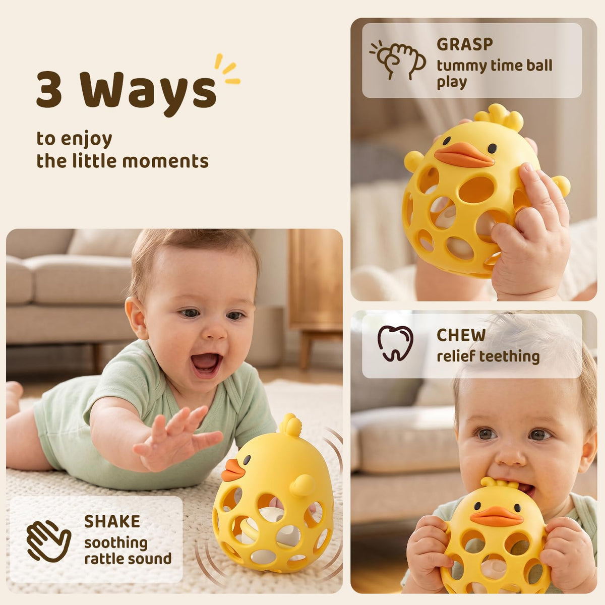 ChooKaChoo 2-in-1 Baby Teething Rattle Toy, Sensory Grasping Teether for Infants 3-12 Months, 100% Food-Grade Silicone, Easy to Hold, Soothing & Developmental, BPA Free (Duckie)