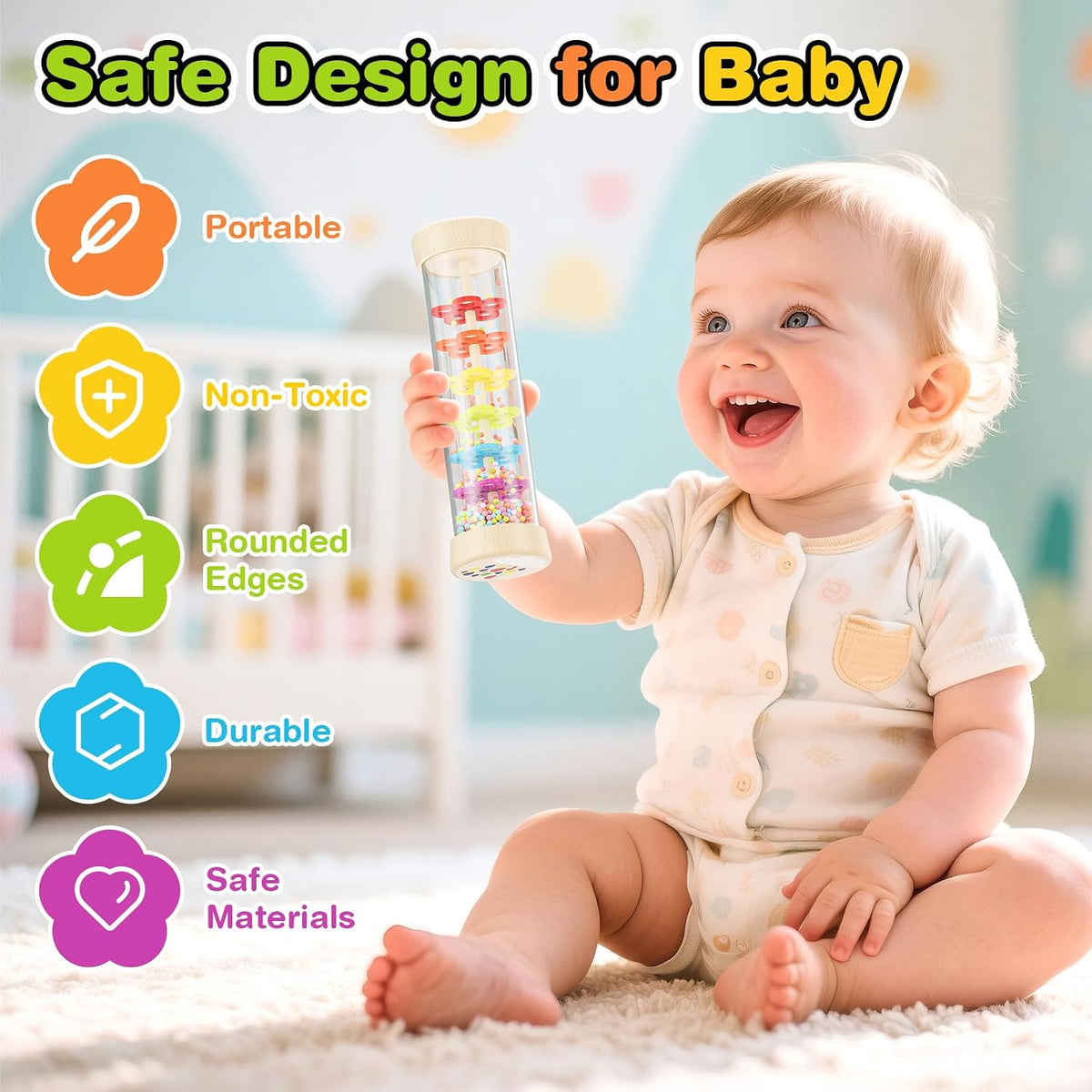 Rain Stick, Montessori Baby Toys for 6-12 Months 1 Year Old, Wooden Rainmaker Baby Rattle Sensory Toys, 7.7” Musical Developmental Toy - Infant Newborn Toddler Toys Gifts for Easter Basket Stuffers
