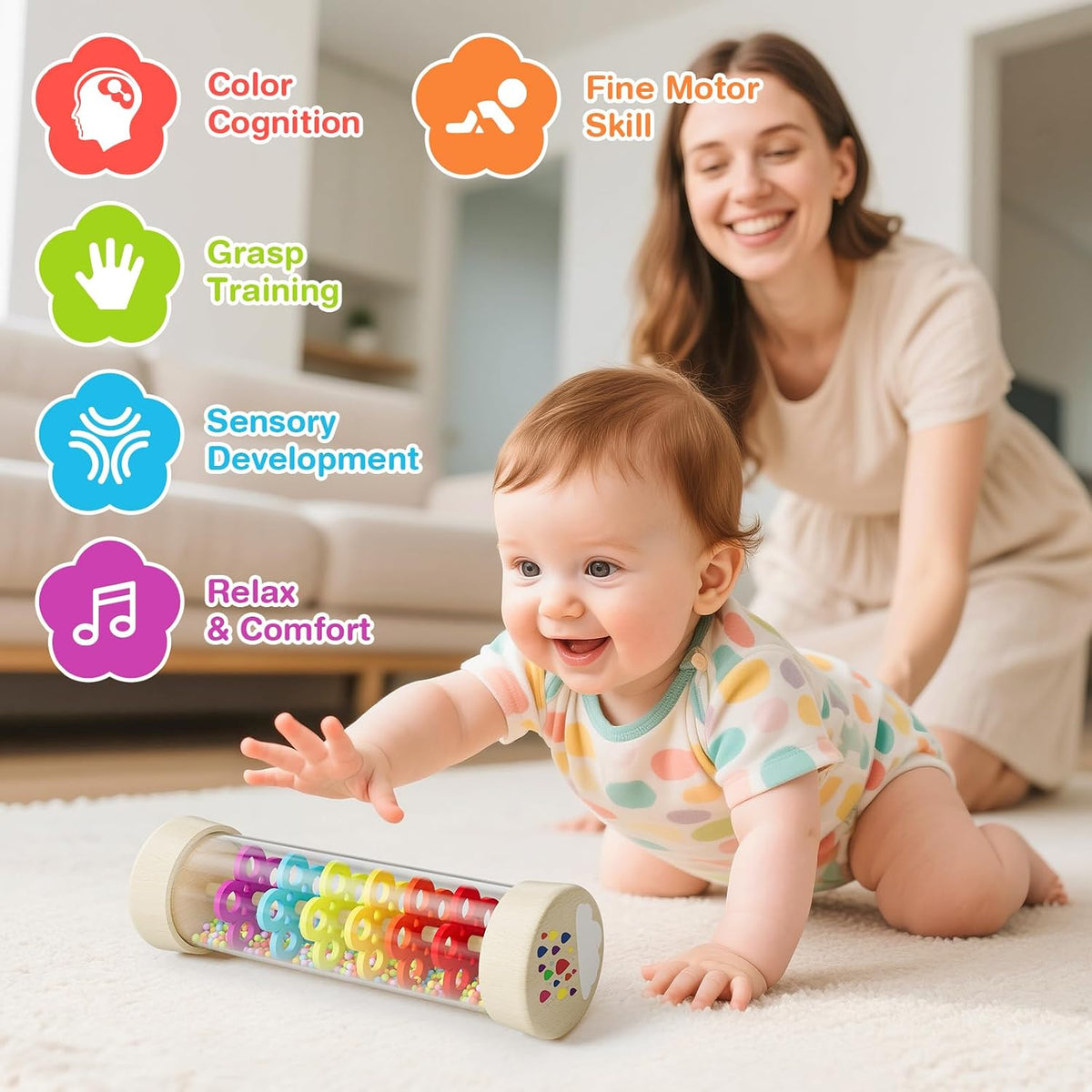 Rain Stick, Montessori Baby Toys for 6-12 Months 1 Year Old, Wooden Rainmaker Baby Rattle Sensory Toys, 7.7” Musical Developmental Toy - Infant Newborn Toddler Toys Gifts for Easter Basket Stuffers