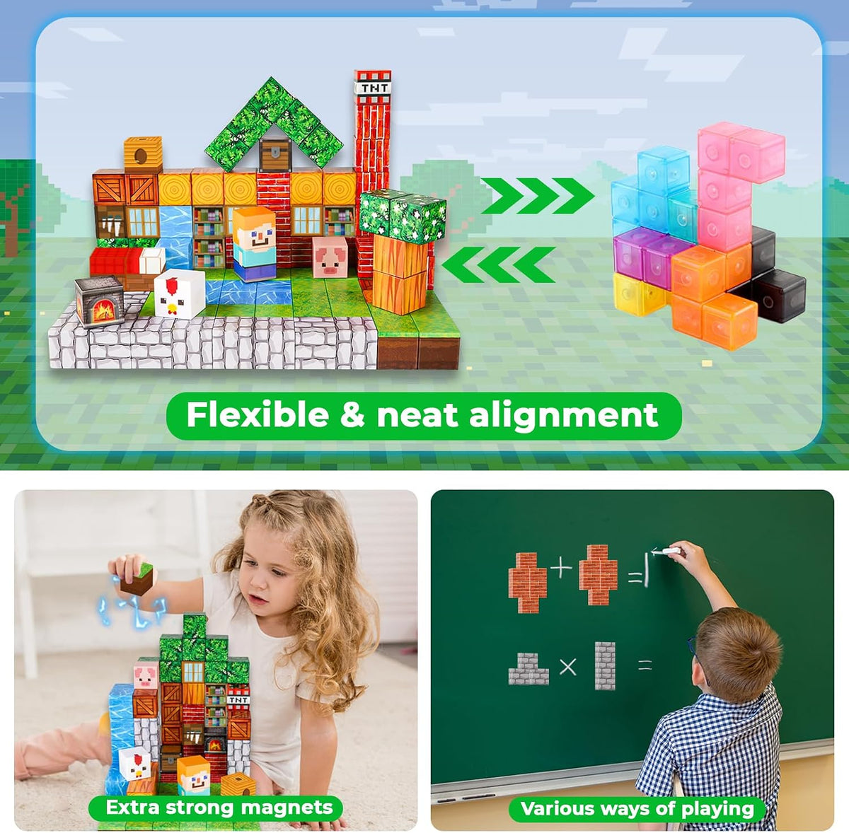 Annexfun Magnetic Blocks-100PCS Grassland Building Blocks Set, Kids Classroom Sensory Toy, STEM Learning, Construction Stacking Toy for Kids 3+ Boys & Girls Easter Christmas Birthday Gifts