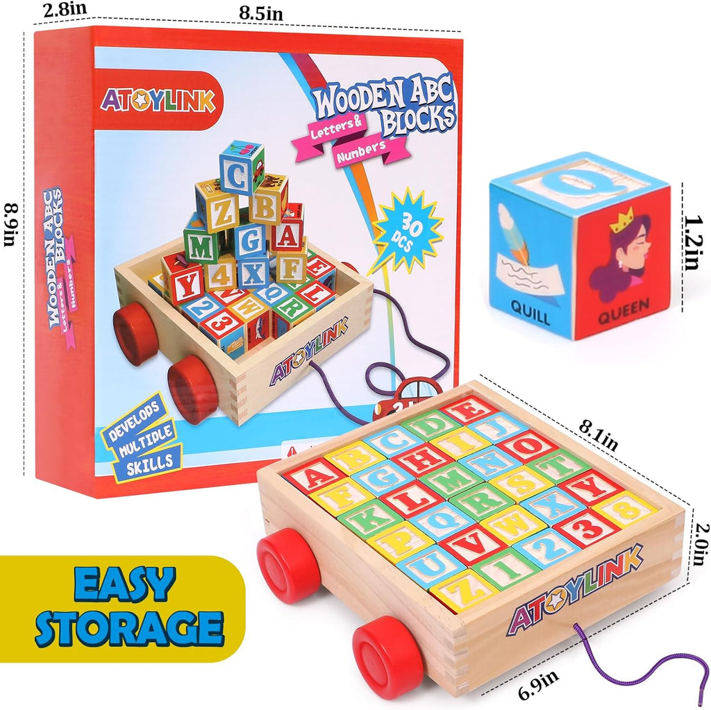 Atoylink ABC Wooden Building Blocks for Toddlers 1-3, 30 Pcs Alphabet & Number Stacking Toys with Storage Pull Toy Car Learning & Education Montessori Toys for 1 2 3 Year Old Baby Boy Girl Gifts