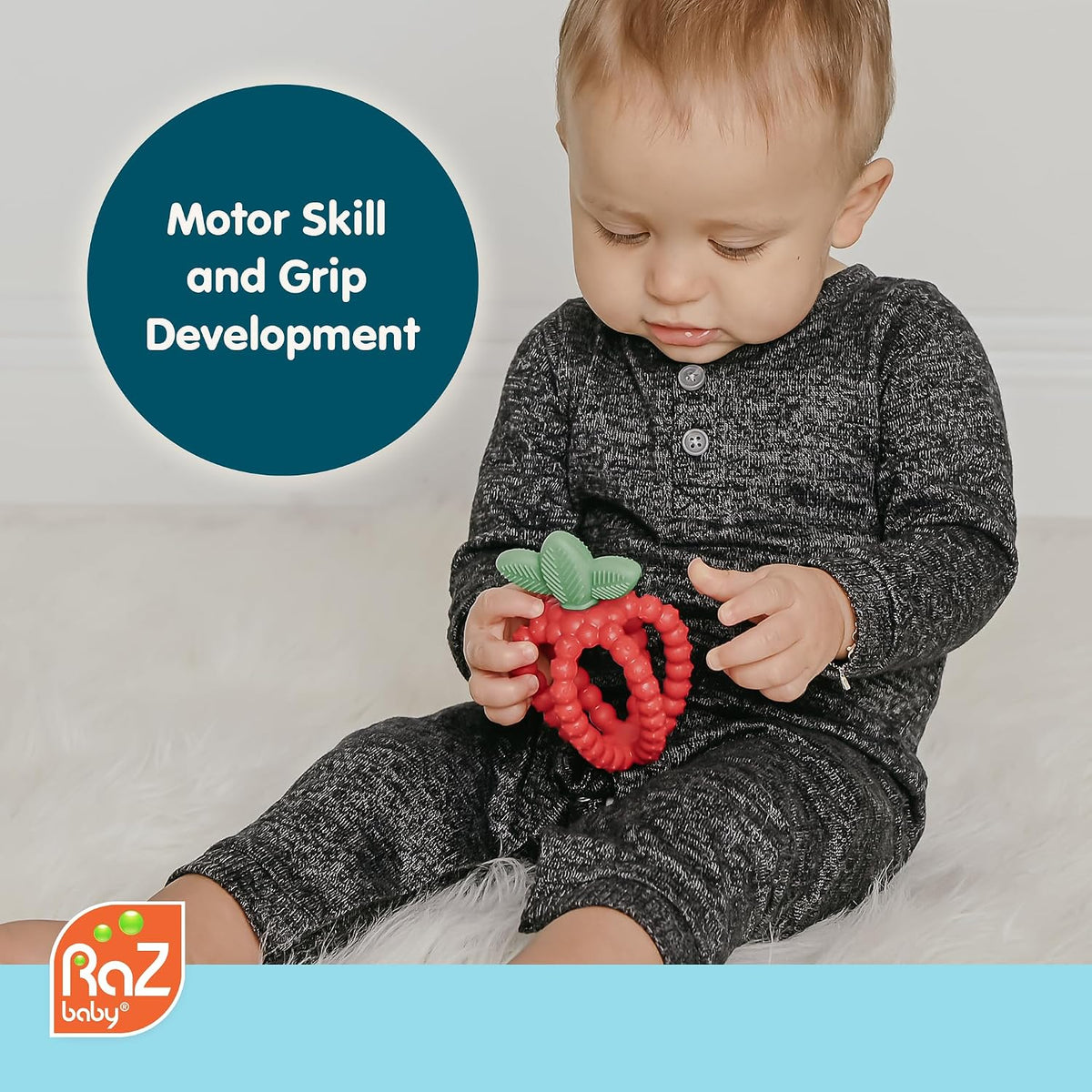 RaZbaby Bites Silicone Baby Teething Toy – Sensory Toy with Textured BerryBumps for Teething Relief, Easy-to-Hold Fruit Shape, BPA-Free, Soothes Front & Back Teeth – Gift for Babies, 3 Months+, Red