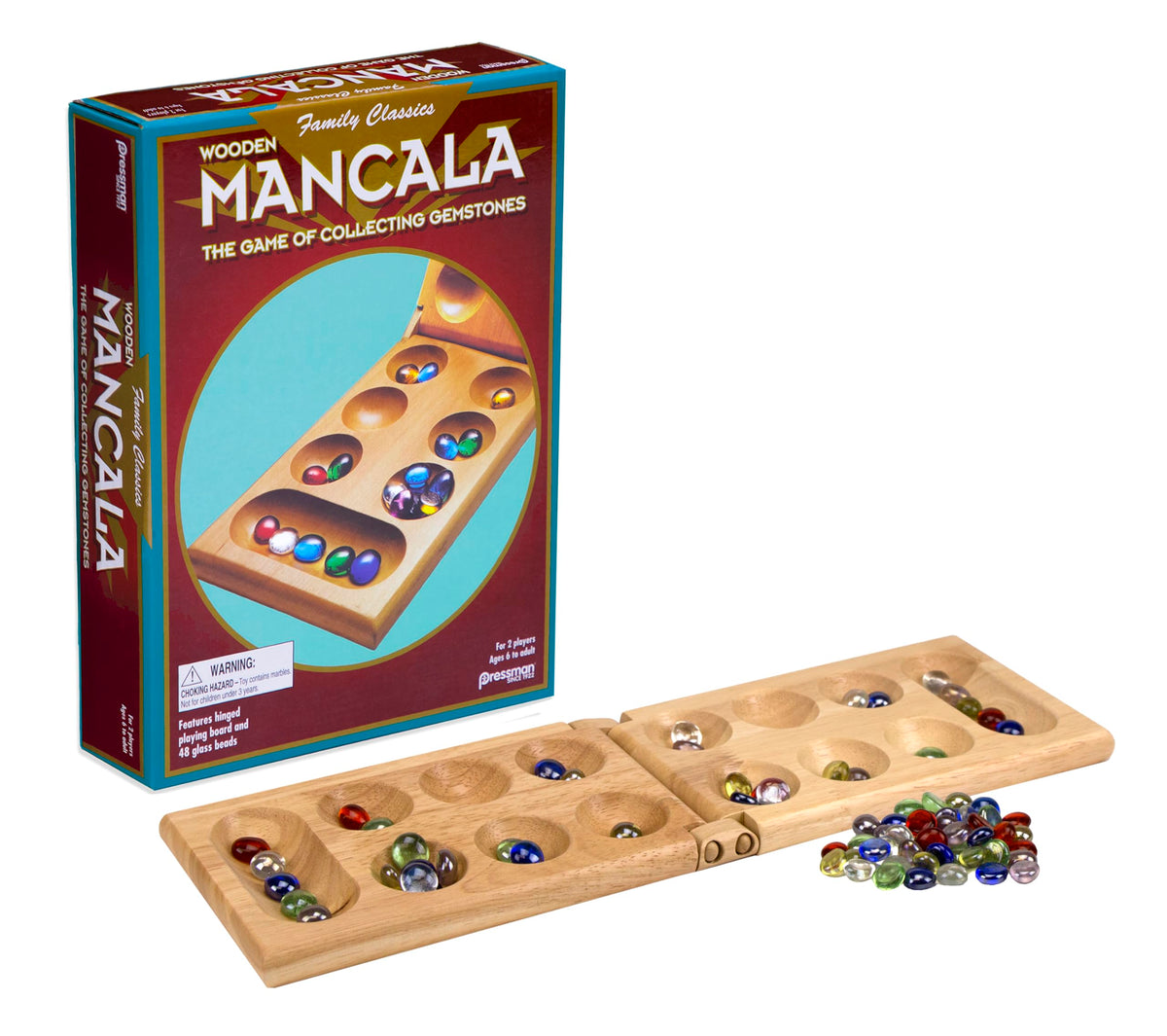 Pressman Mancala Board Game | Fun Classic Table for Adults & Kids | Includes 48 Glass Mancala Stones and Wood Hinged Playing Board | 2 Players, Ages 6+