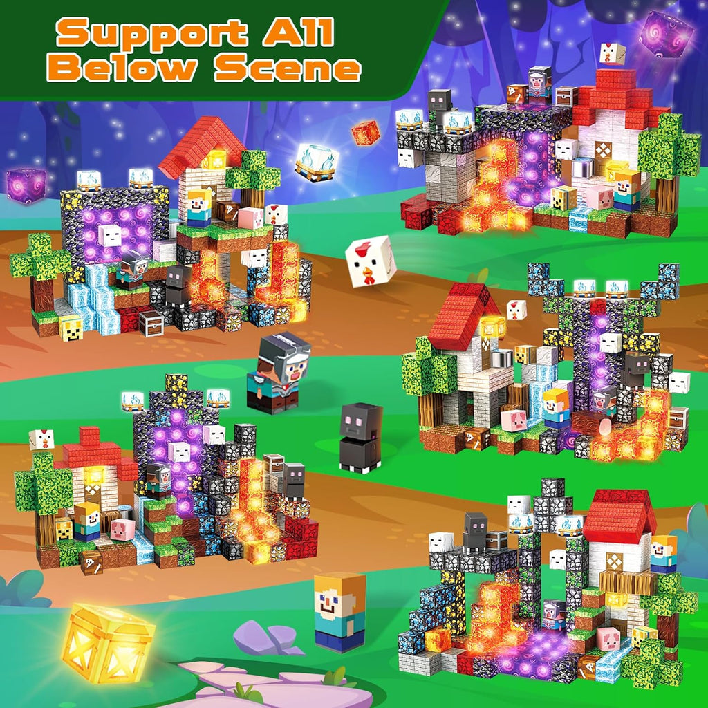200 PCS Magnetic Blocks with Light Up Blocks - Magnetic Building Blocks, Magnetic Construction Cube Toys, STEM Sensory Learning Toys, Easter Christmas Birthday Gifts for Toddlers Boys and Girls Age 3+