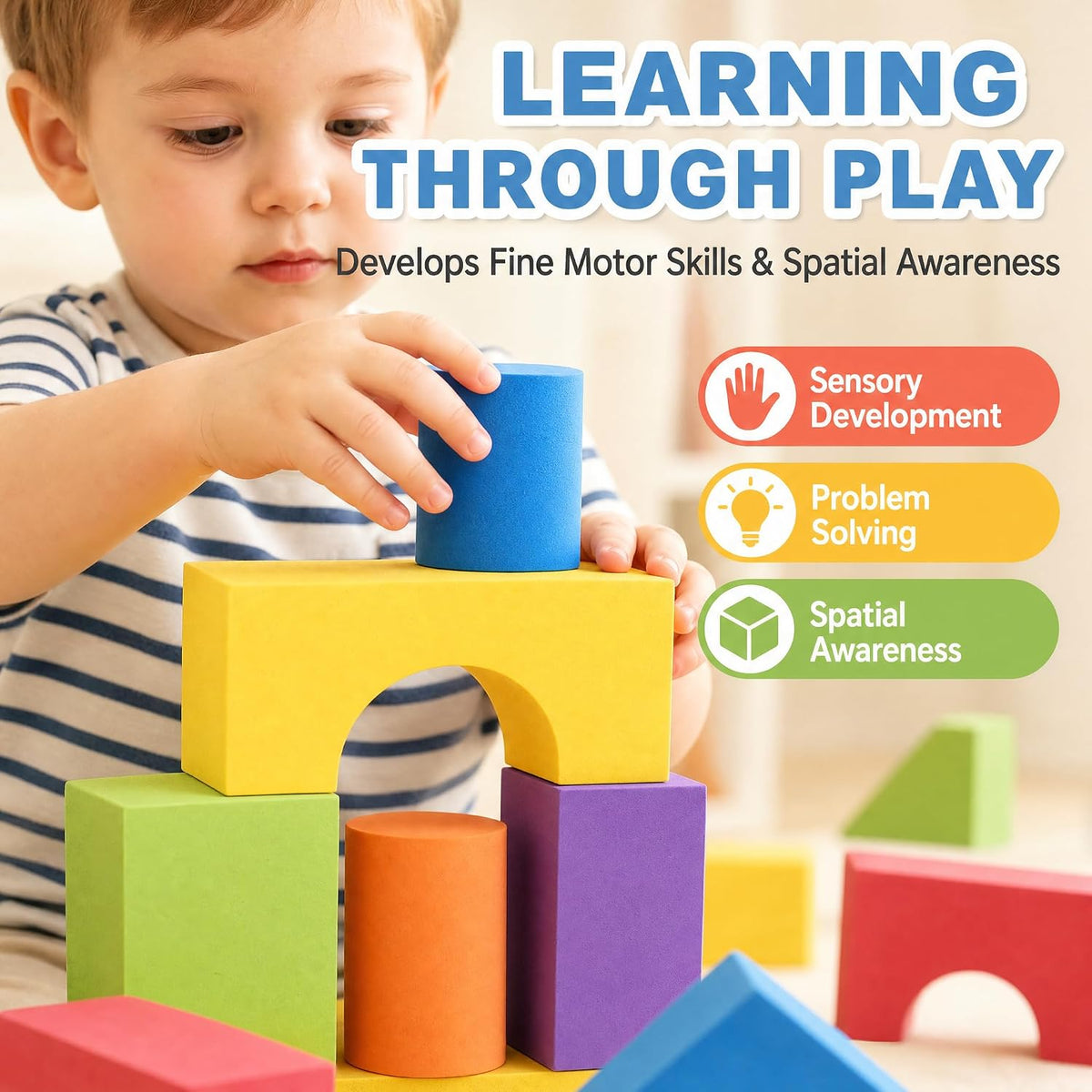Large Building Foam Blocks for Toddlers - Tacking Soft Blocks for Kids - Shapes & Colors Learning for Kids - Construction Building Preschool Toys for Boys & Girls (30 Pieces)