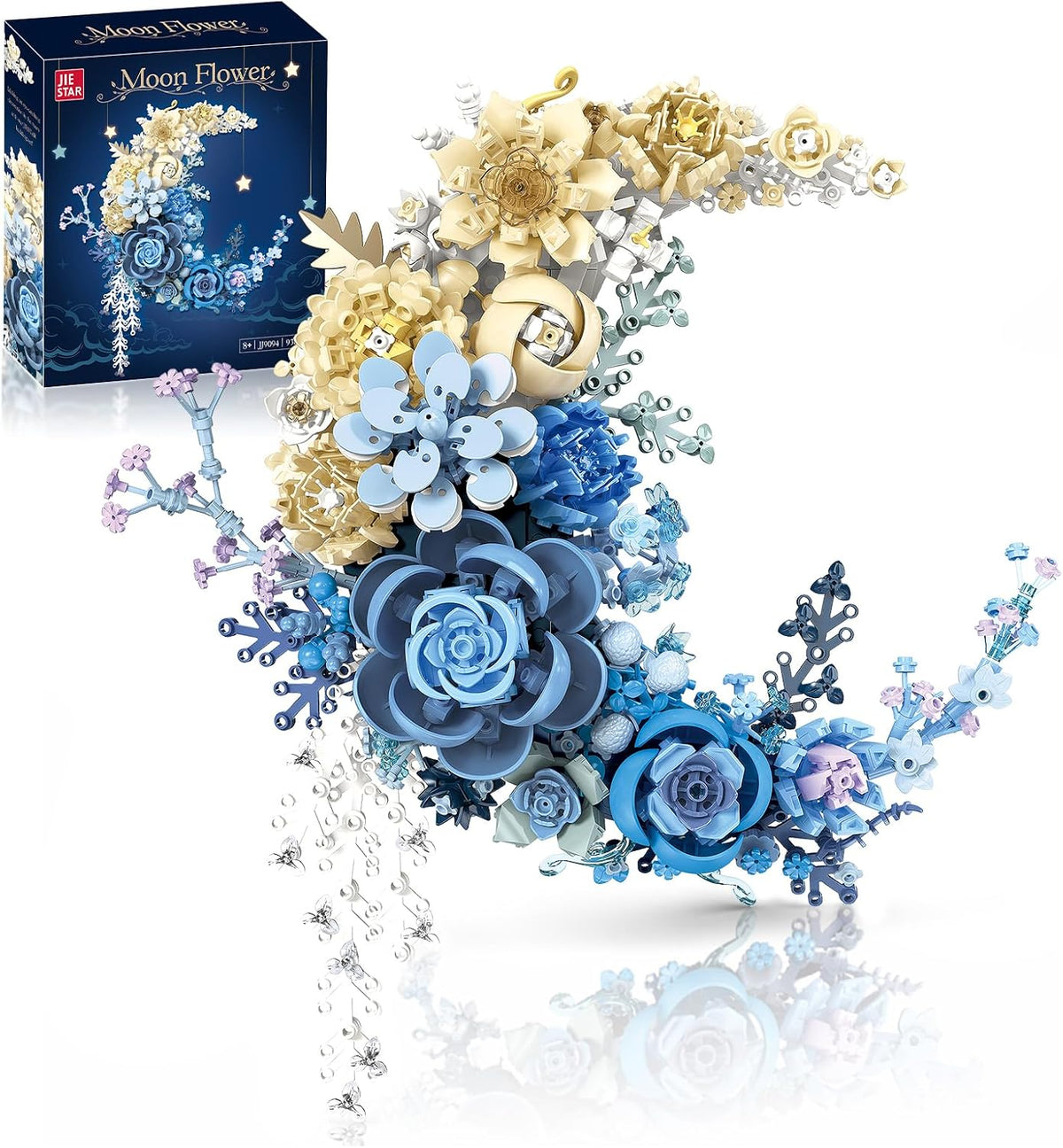 934PCS Blue Moon Flower Building Blocks Kit for Adults, Crescent Moon Botanical Art Display, Artificial Flowers Building Set for Home Décor Wall Art Decoration