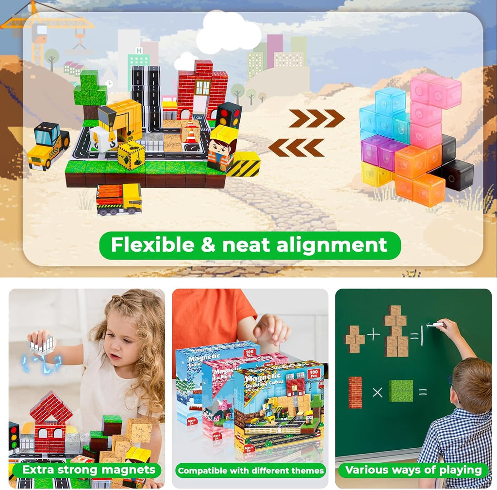 Annexfun Magnetic Blocks-100PCS Magnetic Building Blocks, Magnetic Blocks Road with Car STEM Toddler Kids Toys, Construction Toys for Kids Ages 3+, Christmas Birthday Gifts for Boys & Girls