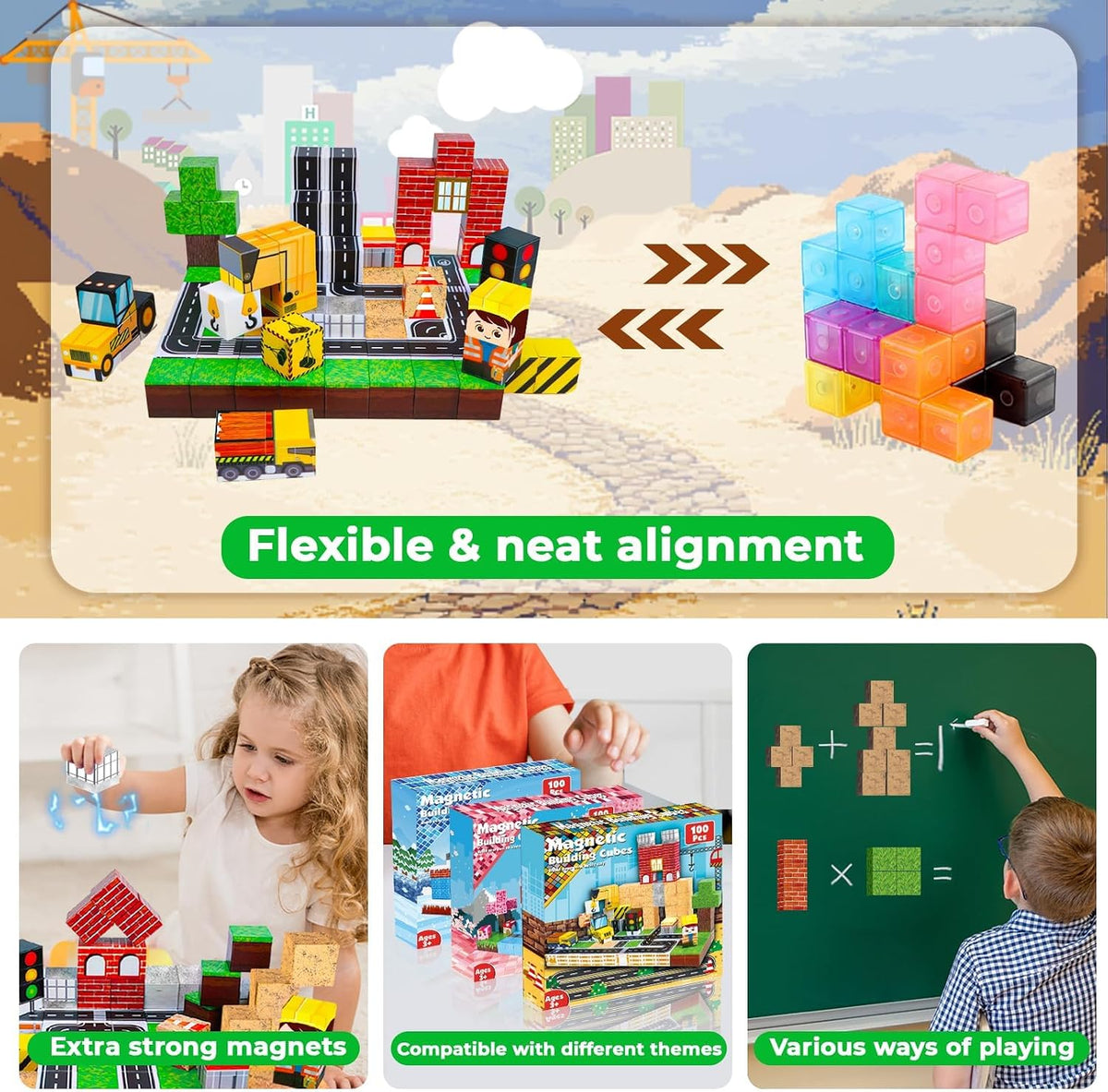Annexfun Magnetic Blocks-100PCS Magnetic Building Blocks, Magnetic Blocks Road with Car STEM Toddler Kids Toys, Construction Toys for Kids Ages 3+, Christmas Birthday Gifts for Boys & Girls