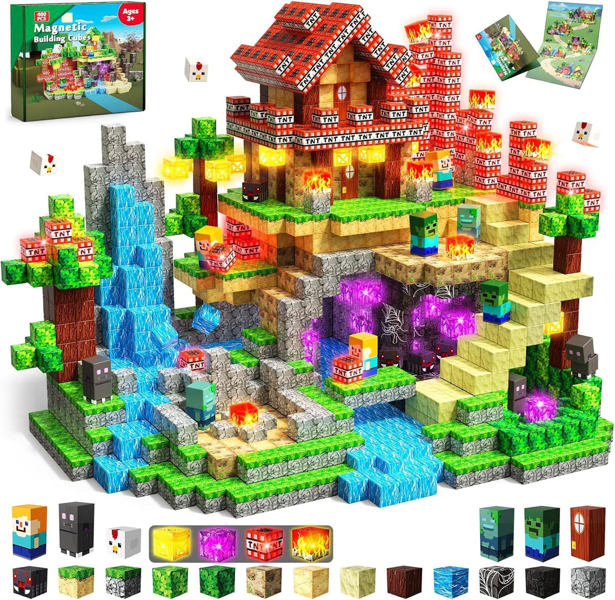 200 PCS Magnetic Blocks with Light Up Blocks - Magnetic Building Blocks, Magnetic Construction Cube Toys, STEM Sensory Learning Toys, Easter Christmas Birthday Gifts for Toddlers Boys and Girls Age 3+