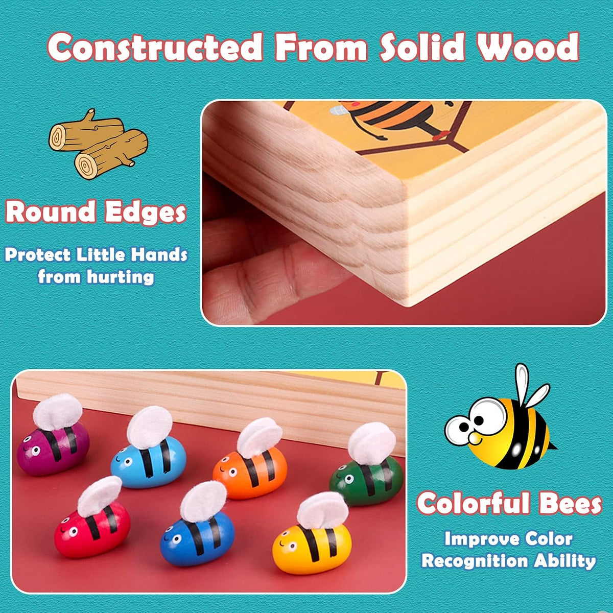 Toddler Fine Motor Skill Toy, Bee to Hive Matching Game, Montessori Wooden Color Sorting Matching Toy, Preschool Educational Learning Toys Gift for Toddler 3 Years Old