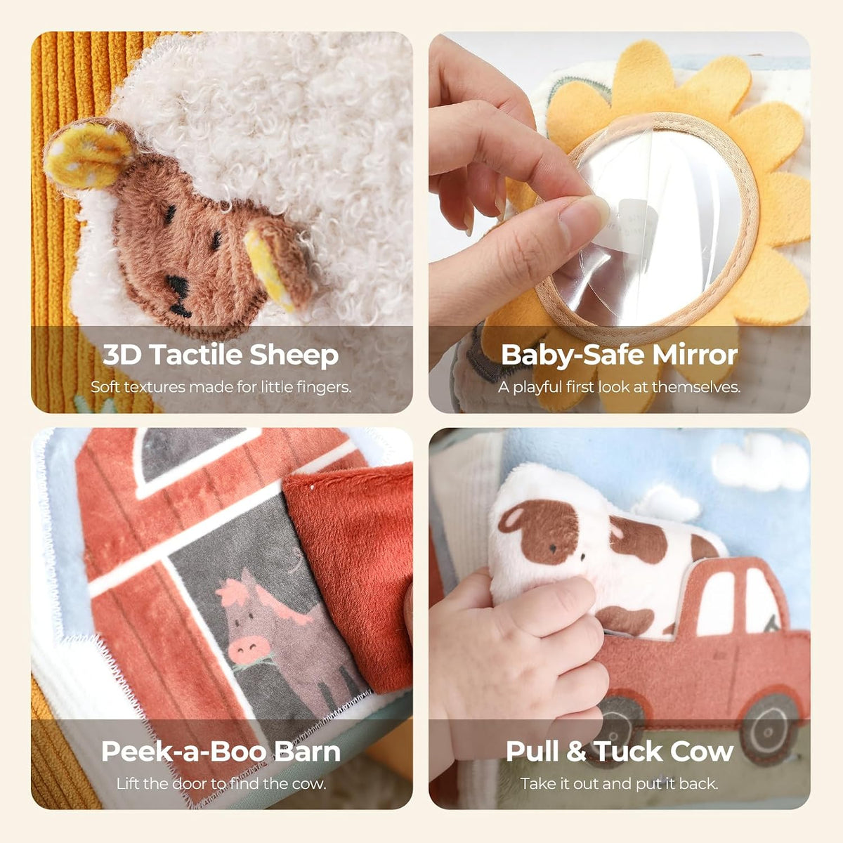 let's make Baby Tissue Box Toy, Farm Montessori Sensory Toys 6-12 Months, Play Silks & Crinkle Tissues with 3D Corduroy, Mirror, Squeaky Cow & Travel Clip - Fine Motor Skills Baby Girl Boy Gifts
