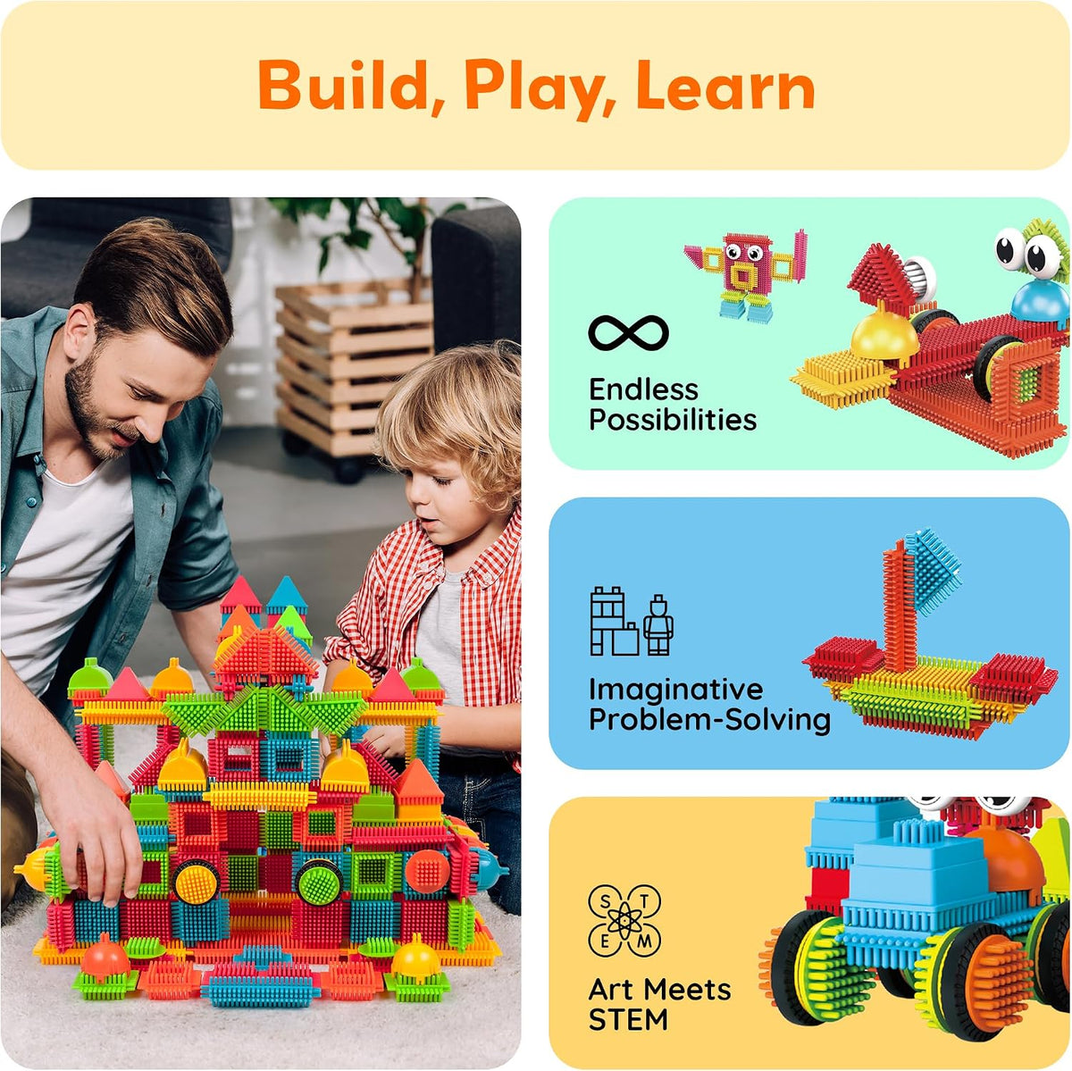 PicassoTiles 240 Piece Hedgehog Bristle Blocks 3D STEM Building Toy Ages 3+