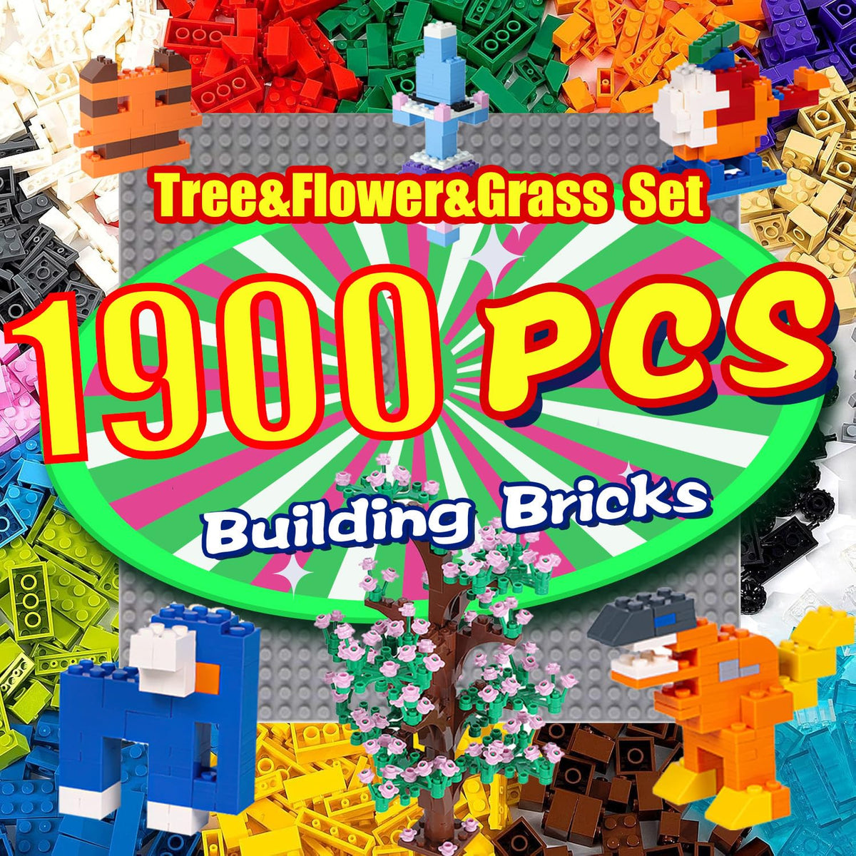 1800 Pieces Building Bricks Set,Building Bulks Blocks with 2 Packs 24x24 Studs Sticky Plates,205 Pcs Flowers and Tree Set, 14 Colors 18 Random Bulk Shapes, Creative Toy Gift for Boys Girls