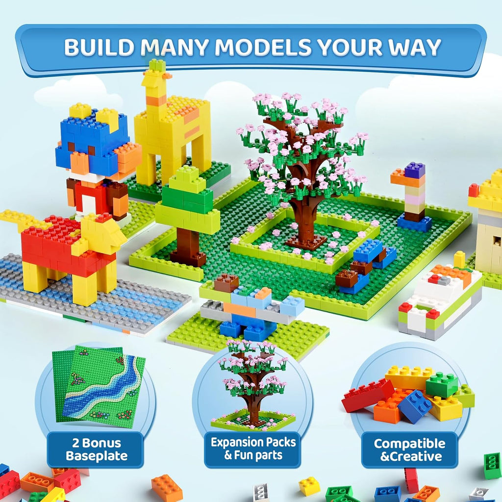 1800 Pieces Building Bricks Set,Building Bulks Blocks with 2 Packs 24x24 Studs Sticky Plates,205 Pcs Flowers and Tree Set, 14 Colors 18 Random Bulk Shapes, Creative Toy Gift for Boys Girls