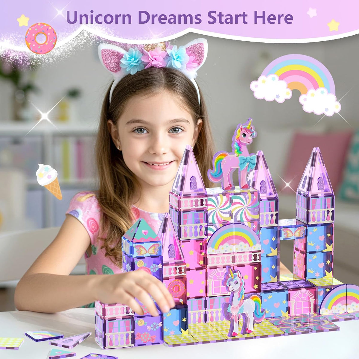 GobiDex Unicorn Toys Magnetic Tiles, Princess Castle Building Set for Girls