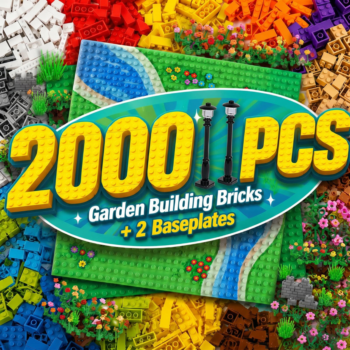 1800 Pieces Building Bricks Set,Building Bulks Blocks with 2 Packs 24x24 Studs Sticky Plates,205 Pcs Flowers and Tree Set, 14 Colors 18 Random Bulk Shapes, Creative Toy Gift for Boys Girls