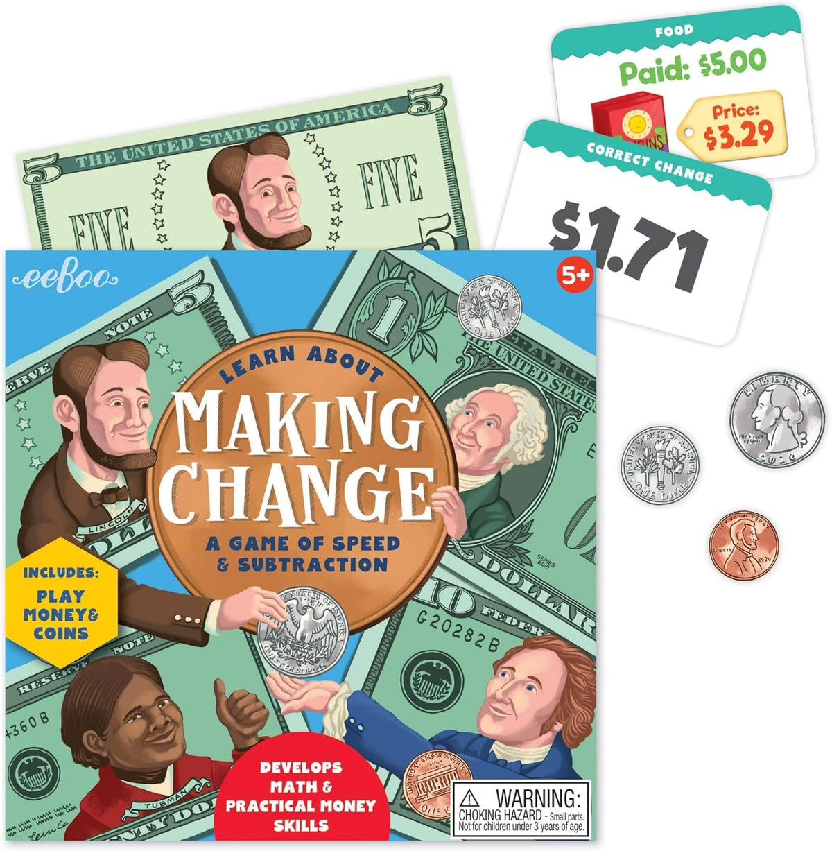 eeBoo Making Change Math Game with Play Money, Coins, Ages 5+, 2-4 Players