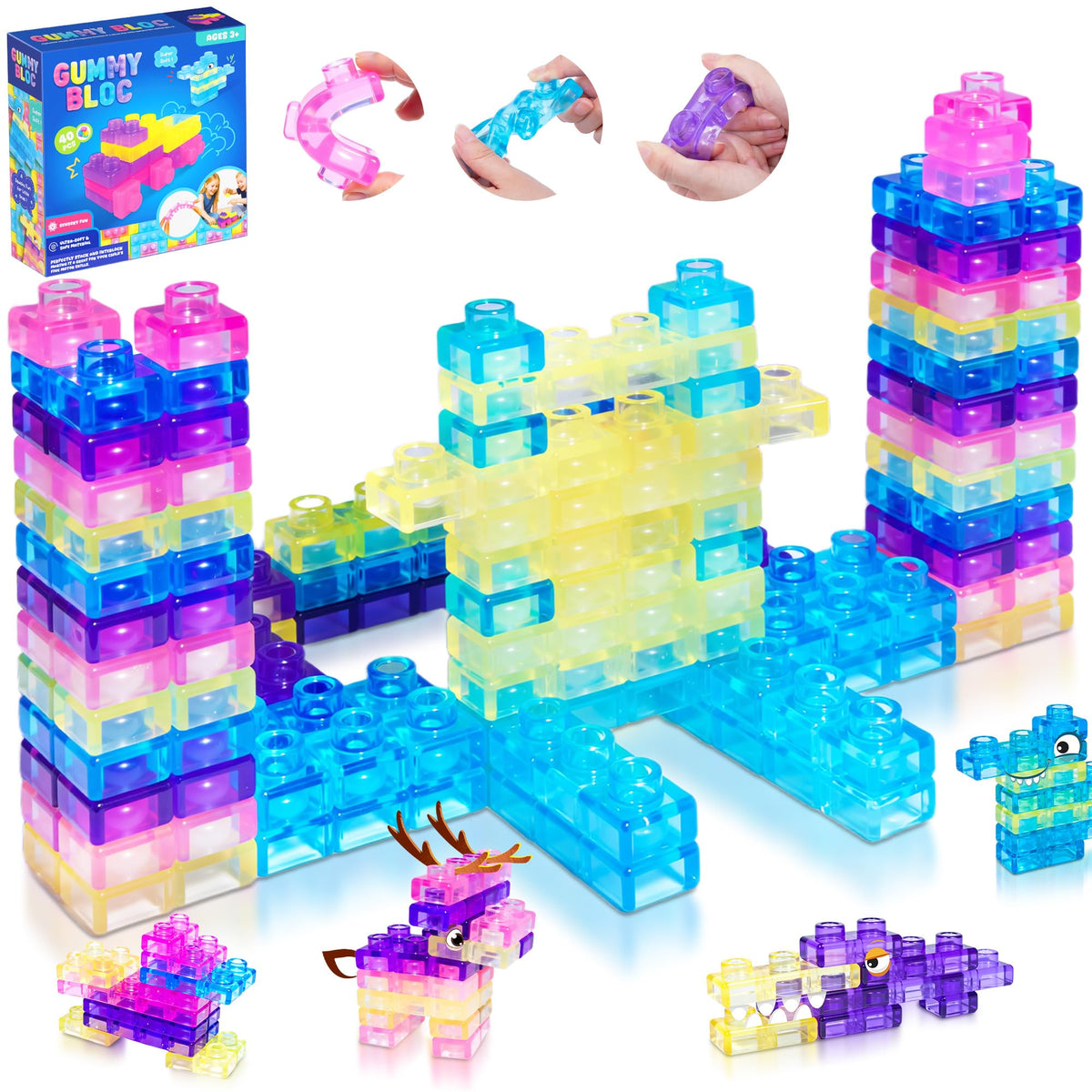 40 PCS Sensory Soft Building Blocks for Kids, Gummy Squishy Stacking Toy 3+