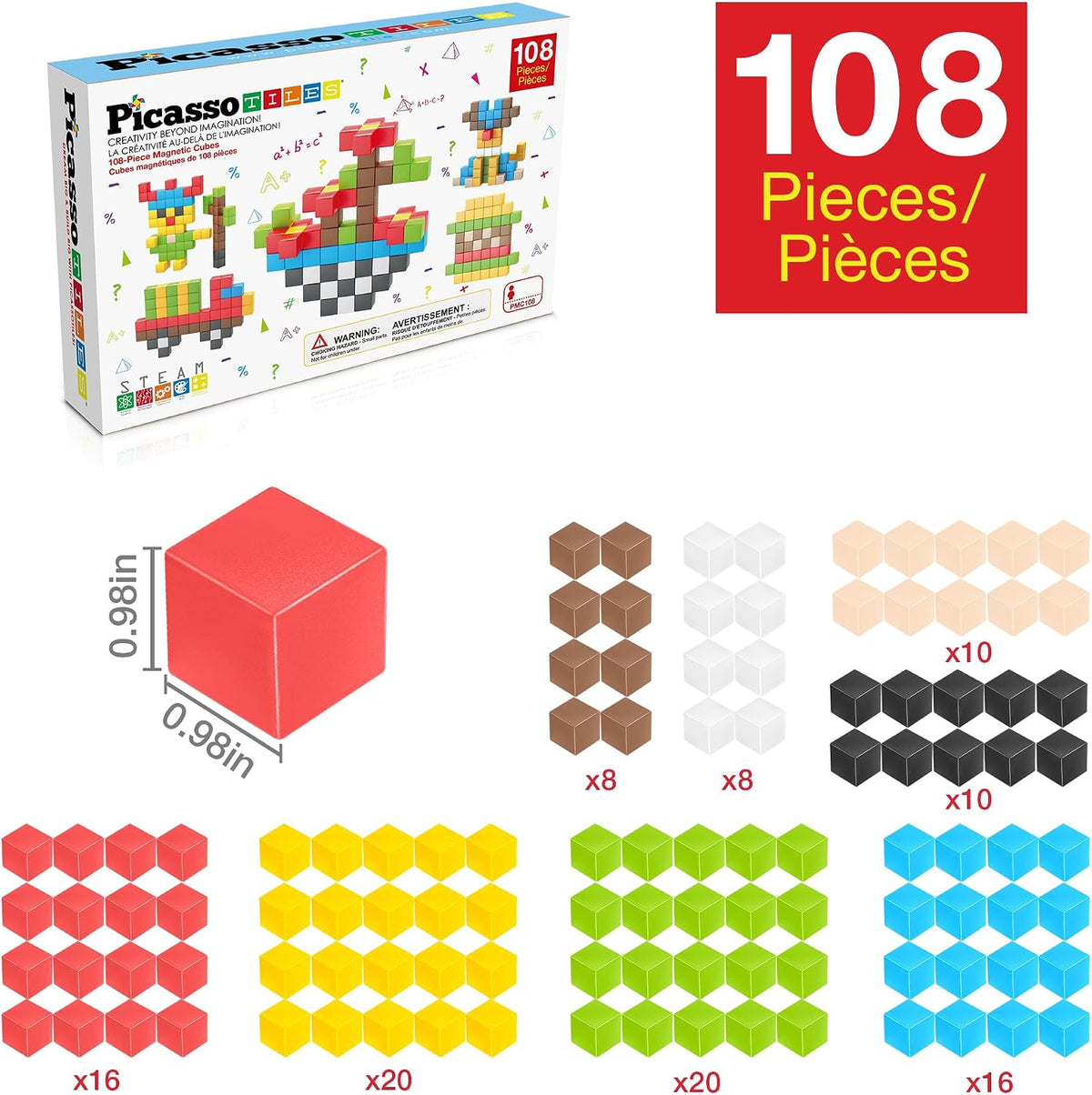 PicassoTiles 108 Piece Magnetic Cubes, 1 Inch STEM Building Set for Kids 3+