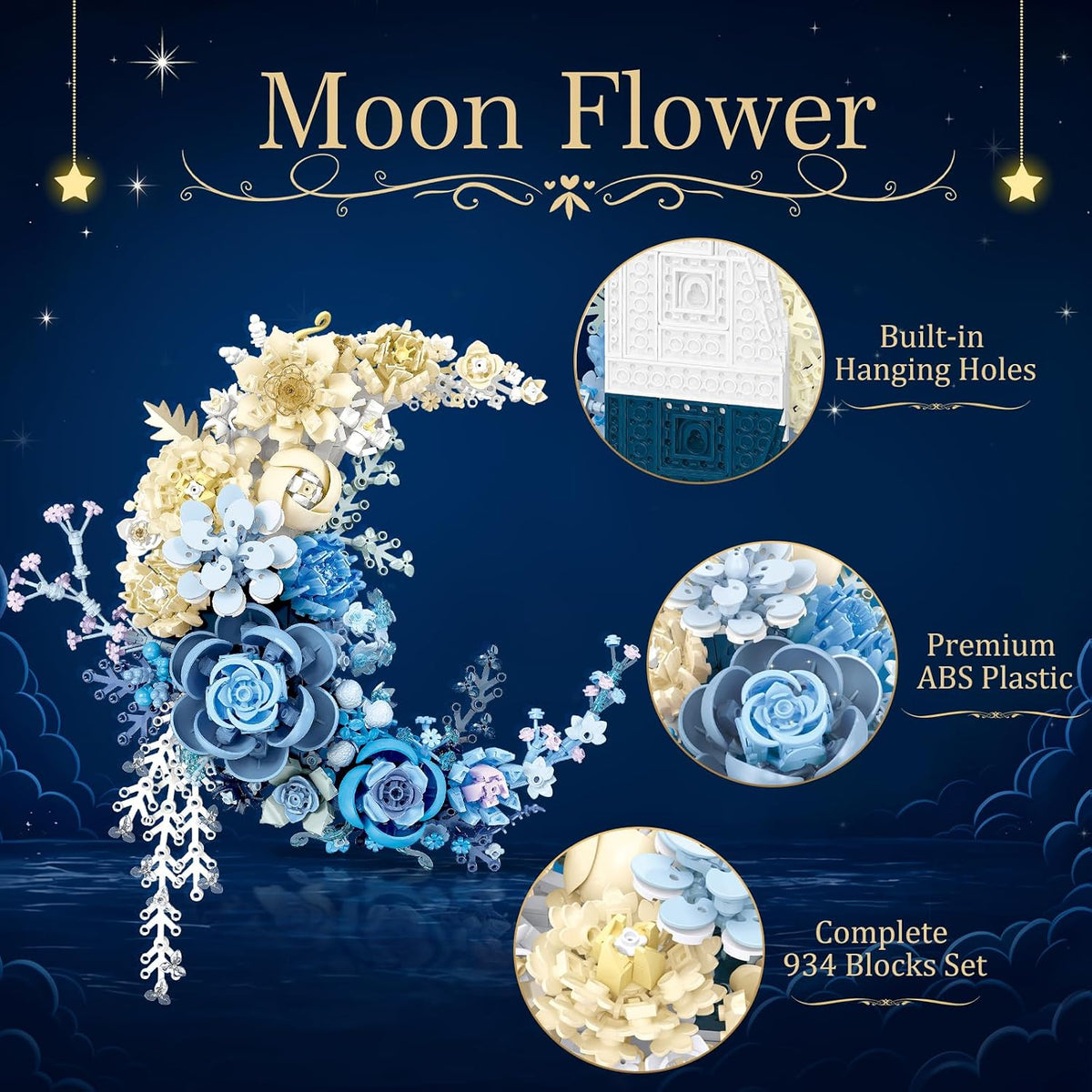 934PCS Blue Moon Flower Building Blocks Kit for Adults, Crescent Moon Botanical Art Display, Artificial Flowers Building Set for Home Décor Wall Art Decoration