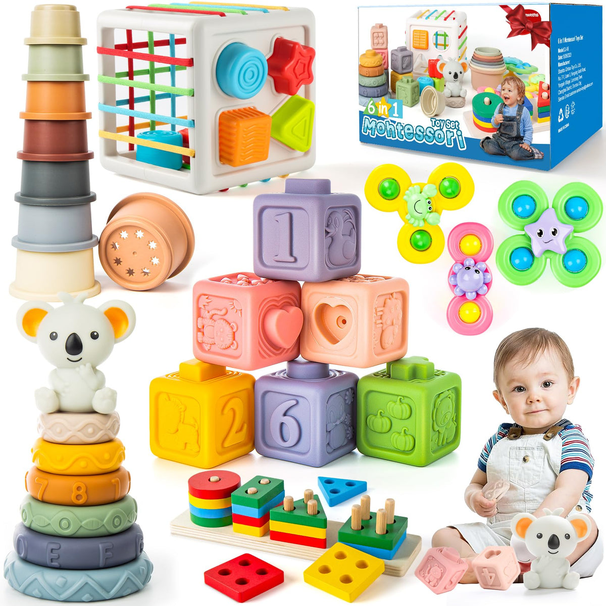 6-in-1 Baby Toys 6 to 12 Months, Montessori Toys for Babies 6-12-18 Months, Infant Teething Toy Stacking Blocks Rings Sensory Bin, Sorting Sensory Educational Learning Gift for Toddlers Aged 1-3