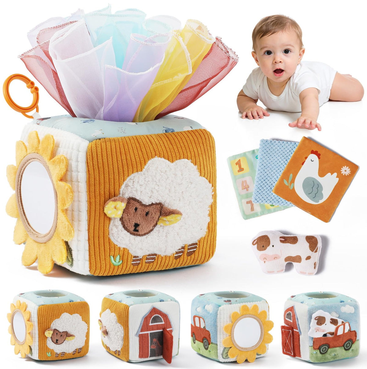let's make Baby Tissue Box Toy, Farm Montessori Sensory Toys 6-12 Months, Play Silks & Crinkle Tissues with 3D Corduroy, Mirror, Squeaky Cow & Travel Clip - Fine Motor Skills Baby Girl Boy Gifts