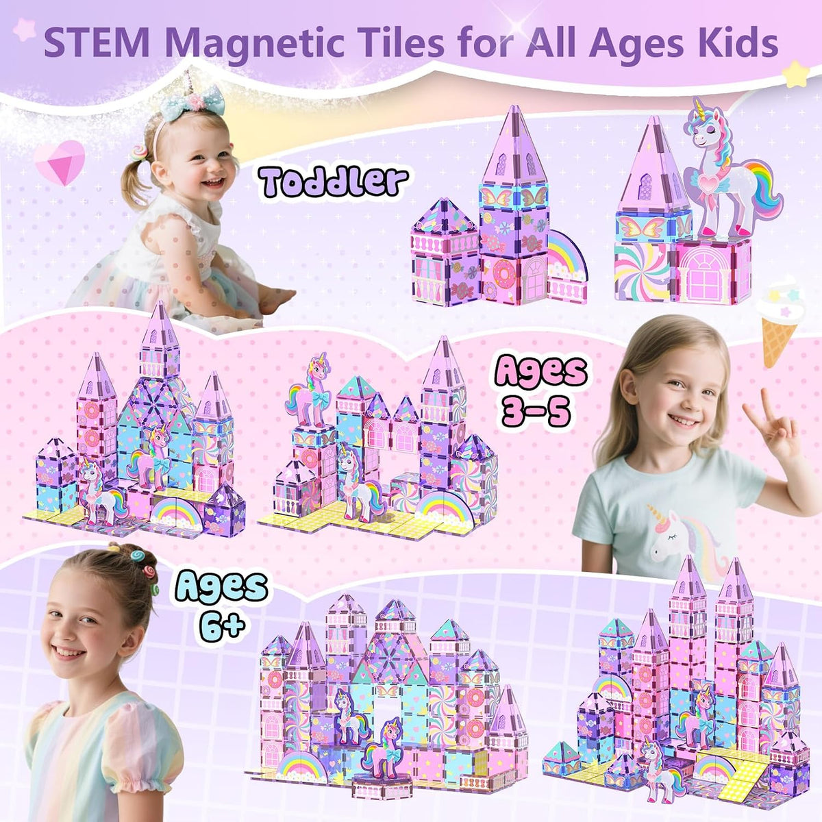 GobiDex Unicorn Toys Magnetic Tiles, Princess Castle Building Set for Girls