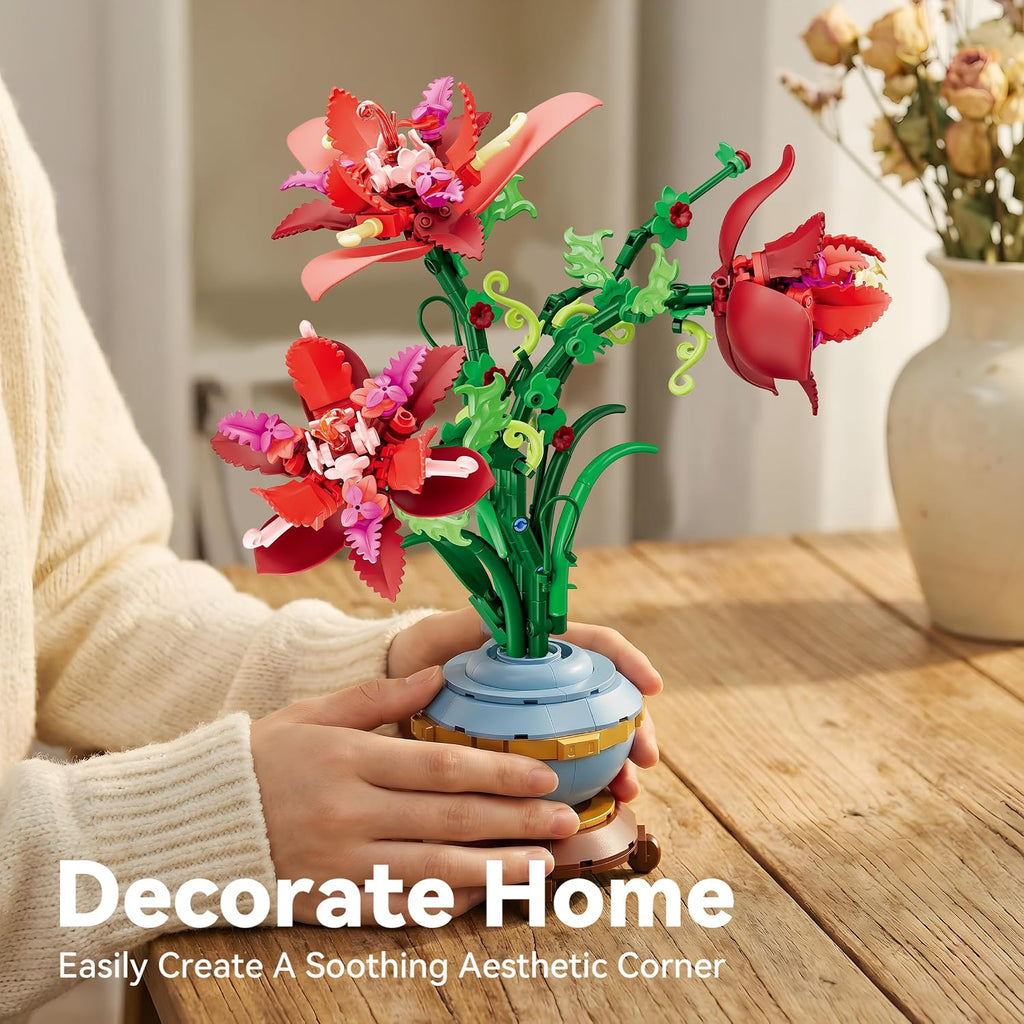 Red Iris Flower Blossom Botanicals Potted Building Block Set (505pcs)