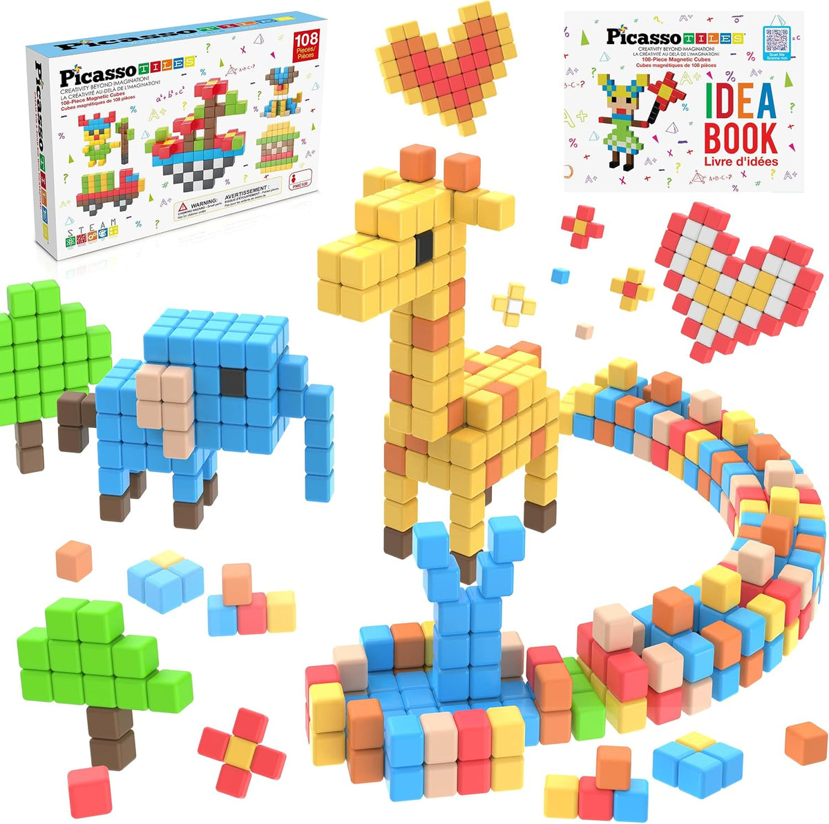 PicassoTiles 108 Piece Magnetic Cubes, 1 Inch STEM Building Set for Kids 3+