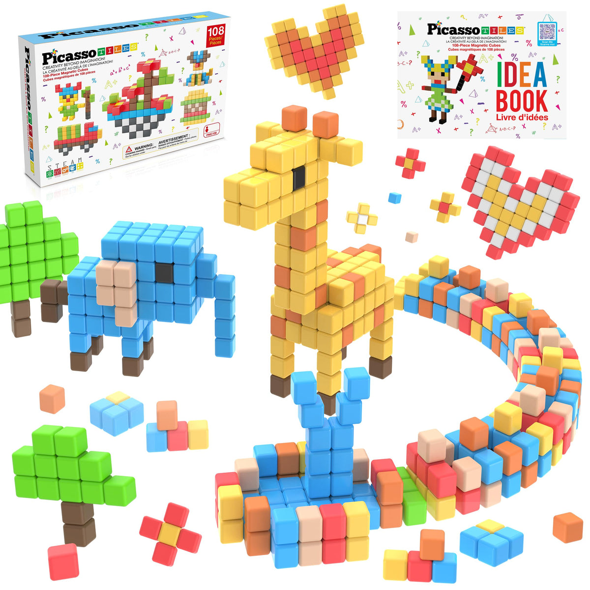 PicassoTiles 108 Piece Magnetic Cubes, 1 Inch STEM Building Set for Kids 3+