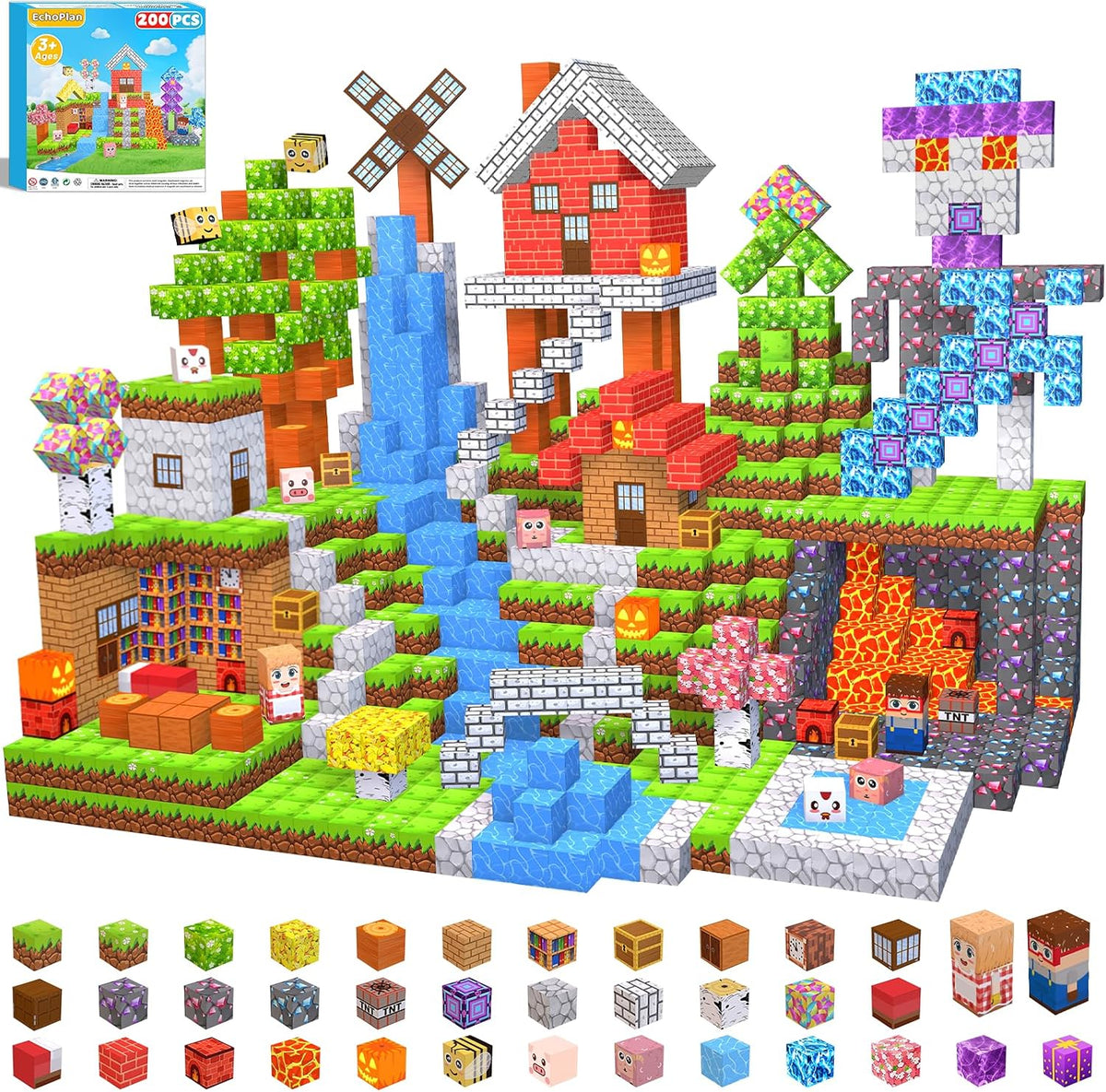 EchoPlan Magnetic Blocks, 200PCS Magnetic Building Blocks for Kids Ages 3+