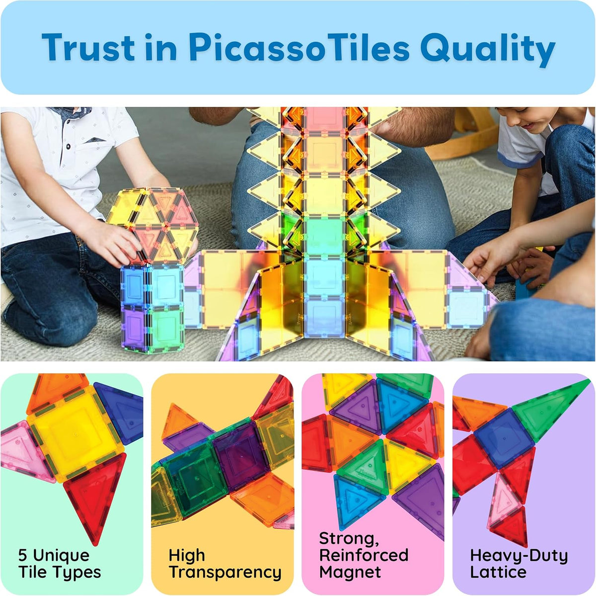 PicassoTiles 100 Piece Magnetic Tiles, Clear 3D Building Blocks for Kids 3+