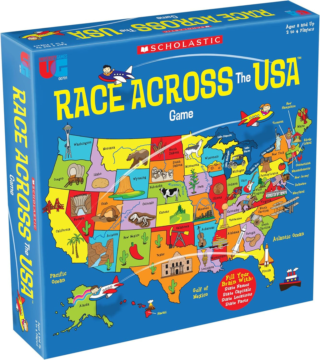 University Games, Scholastic Race Across the USA Board Game , Geography Learning Game for Kids and Families, for 2 to 4 Players Ages 8 and Up
