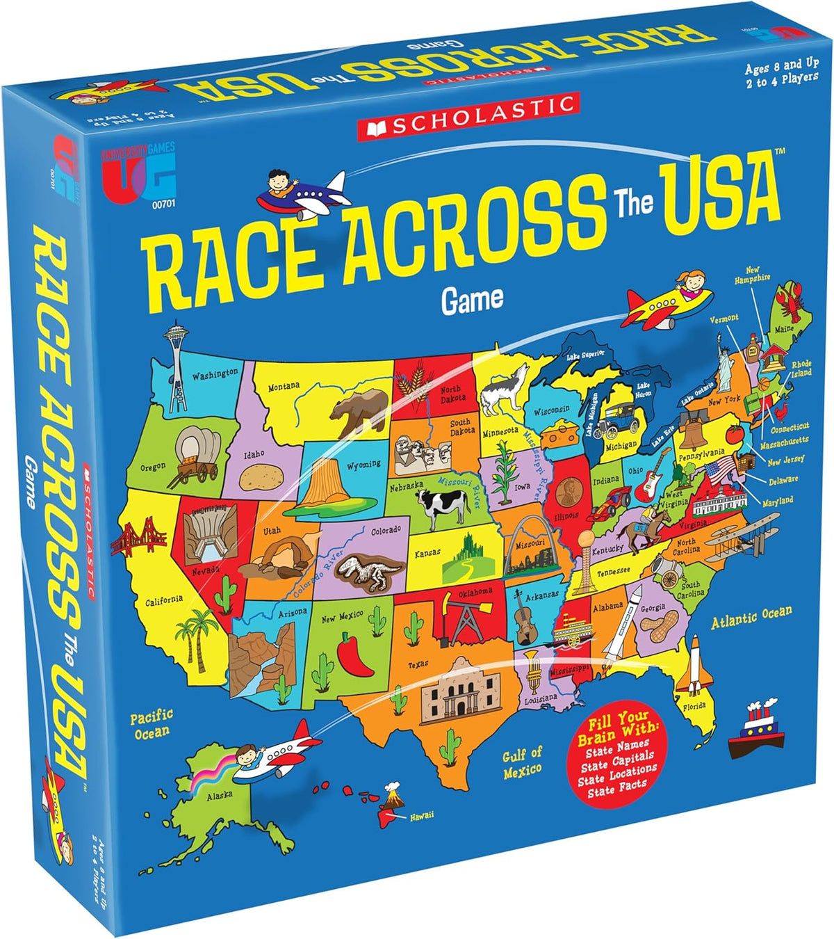 University Games, Scholastic Race Across the USA Board Game , Geography Learning Game for Kids and Families, for 2 to 4 Players Ages 8 and Up