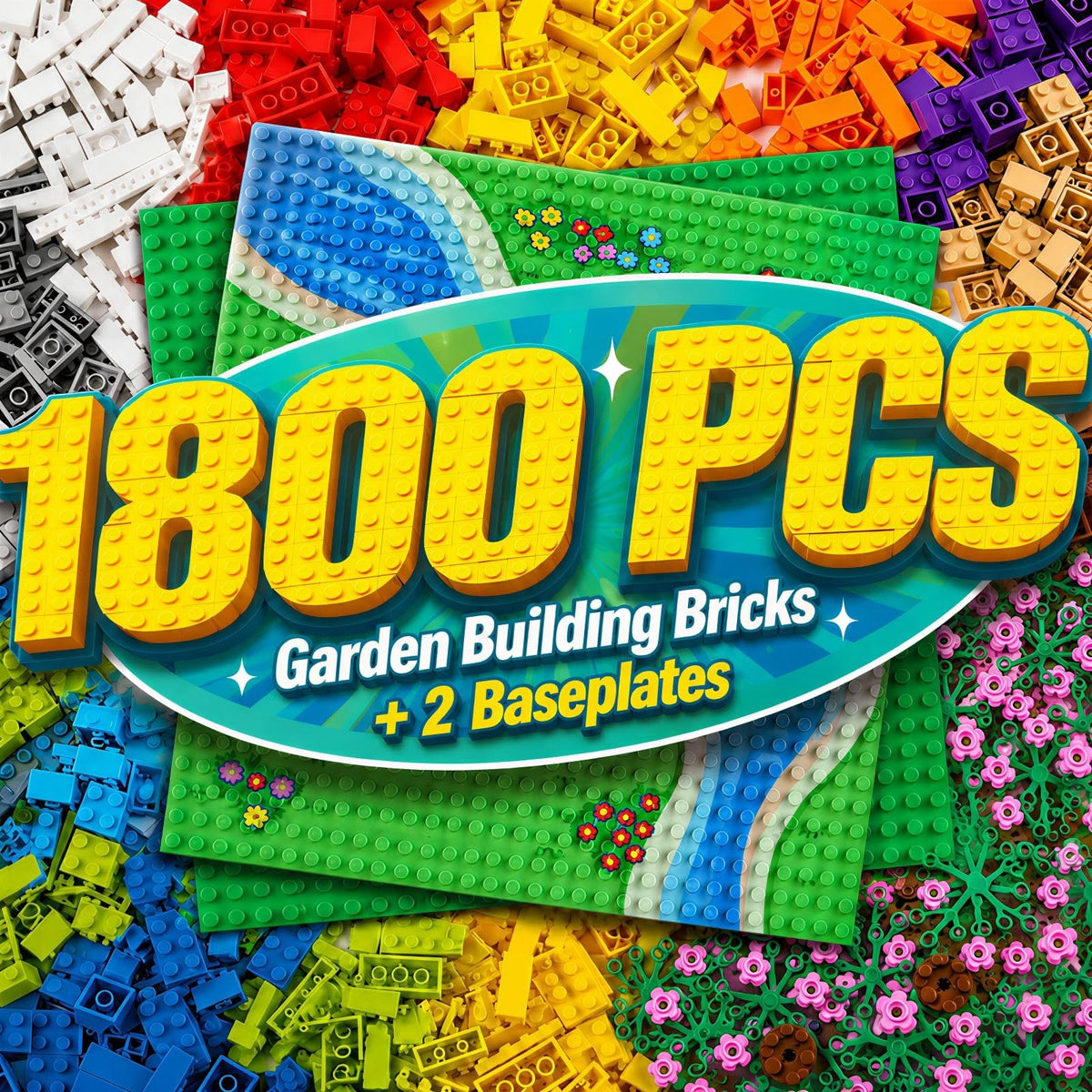 1800 Pieces Building Bricks Set,Building Bulks Blocks with 2 Packs 24x24 Studs Sticky Plates,205 Pcs Flowers and Tree Set, 14 Colors 18 Random Bulk Shapes, Creative Toy Gift for Boys Girls