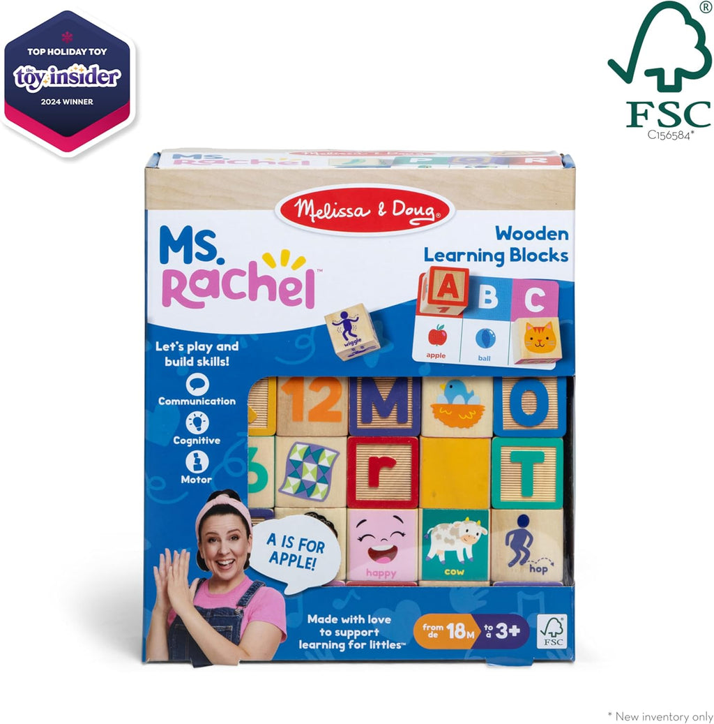 Melissa & Doug Ms. Rachel Letter, Number, and Game Wooden Learning Blocks with Activity Cards for Girls and Boys Toddlers Ages 18 Months+ - FSC Certified