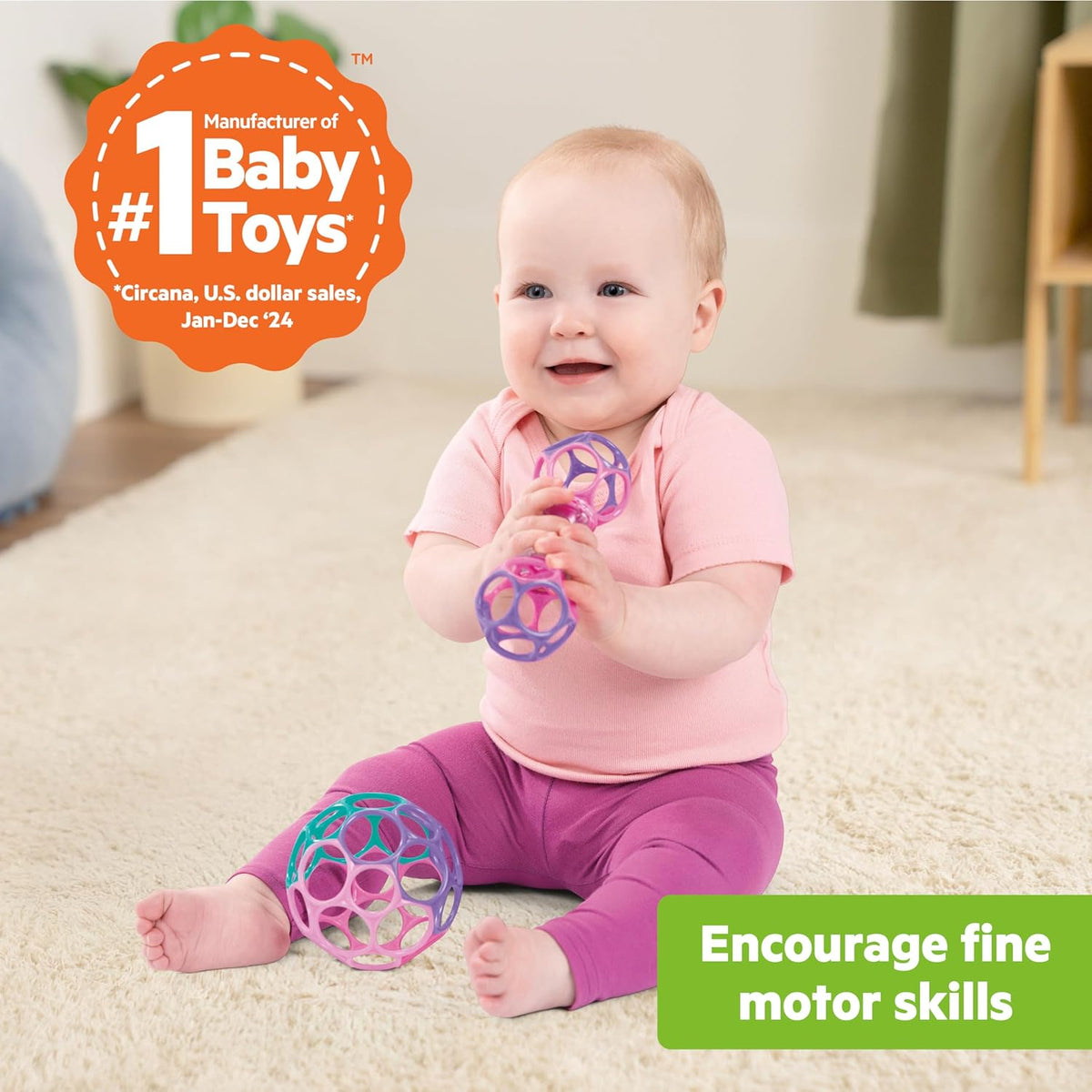 Bright Starts Delightful Duo 2-Pack Gift Set with Easy-Grasp Oball Rattles, Pink, Baby Toys for Newborn and Up