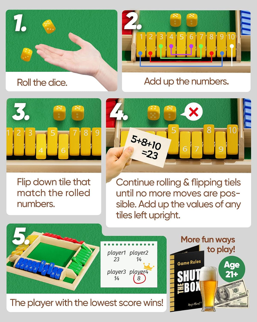 Classic Original Shut The Box Game Wooden Math Dice Board Game 2-4 Players