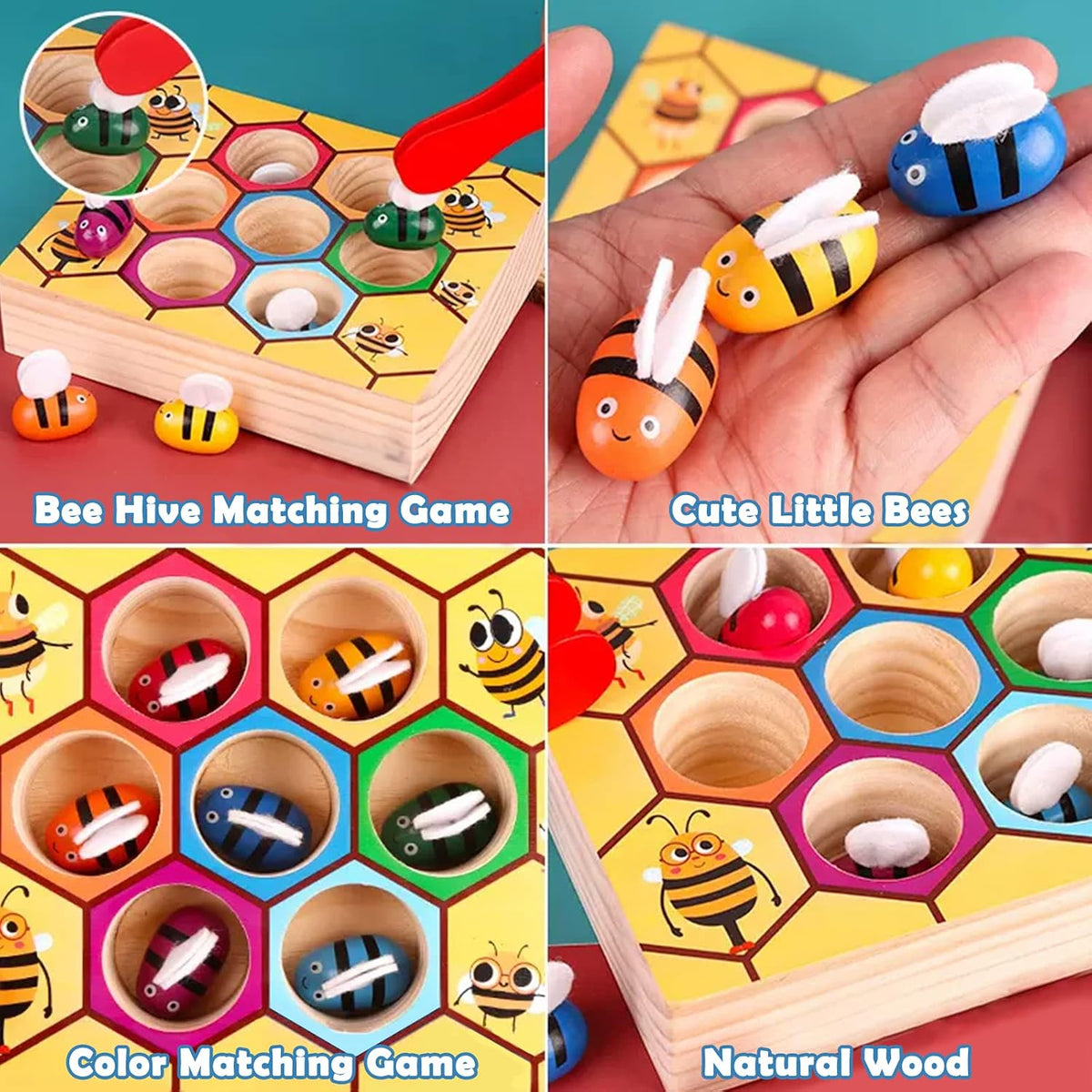 Toddler Fine Motor Skill Toy, Bee to Hive Matching Game, Montessori Wooden Color Sorting Matching Toy, Preschool Educational Learning Toys Gift for Toddler 3 Years Old