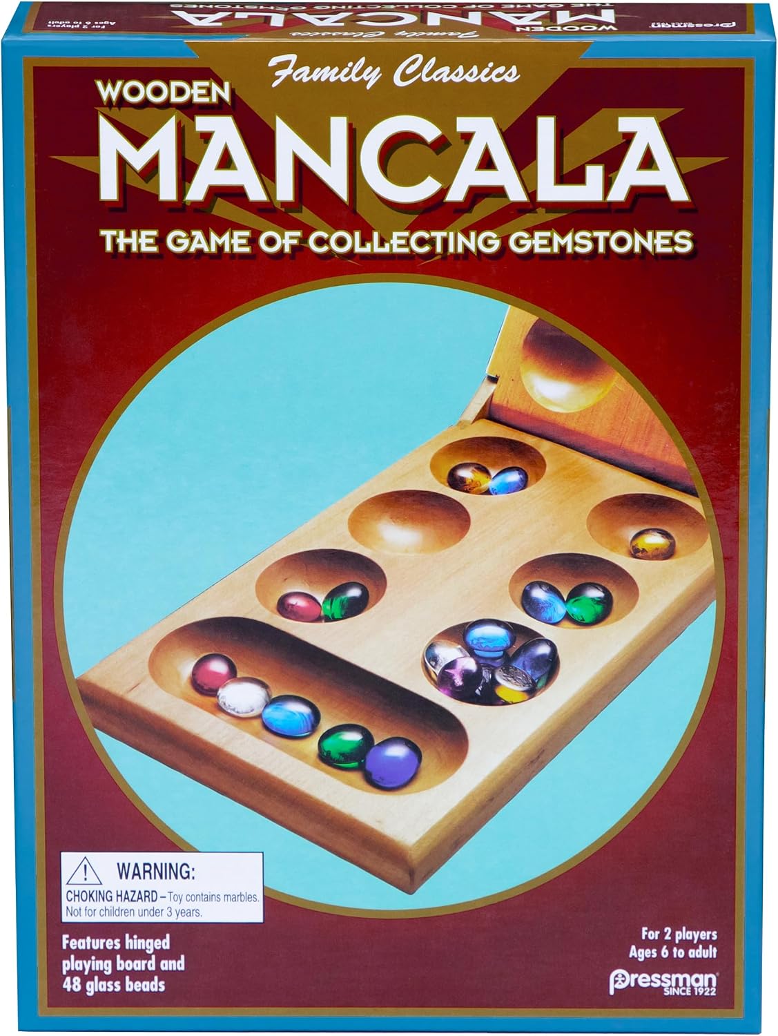 Pressman Mancala Board Game | Fun Classic Table for Adults & Kids | Includes 48 Glass Mancala Stones and Wood Hinged Playing Board | 2 Players, Ages 6+