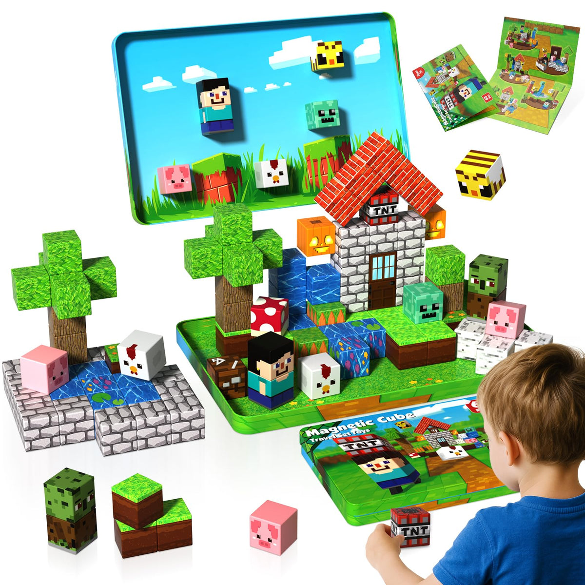 200 PCS Magnetic Blocks with Light Up Blocks - Magnetic Building Blocks, Magnetic Construction Cube Toys, STEM Sensory Learning Toys, Easter Christmas Birthday Gifts for Toddlers Boys and Girls Age 3+