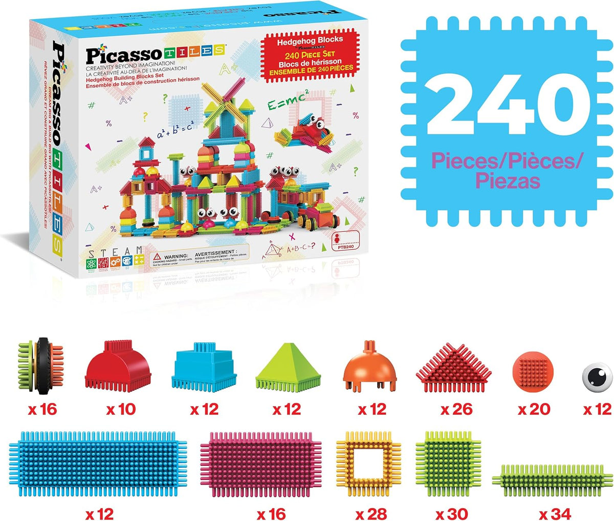 PicassoTiles 240 Piece Hedgehog Bristle Blocks 3D STEM Building Toy Ages 3+